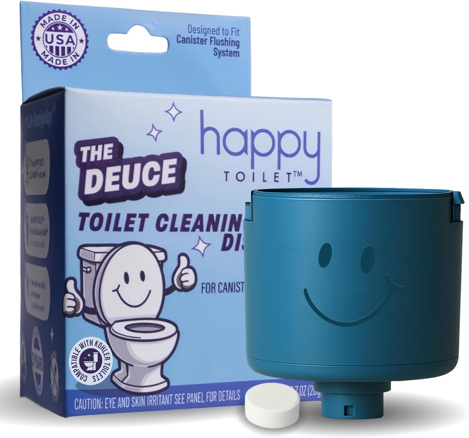 Happy Toilet Cleaner Deuce - Compatible w Kohler Toilets & Canister Flushing Systems - Automatic Toilet Bowl Cleaner 2-Pack - Easy to Install Toilet Tablet Holder, Self-Cleaning Toilet System