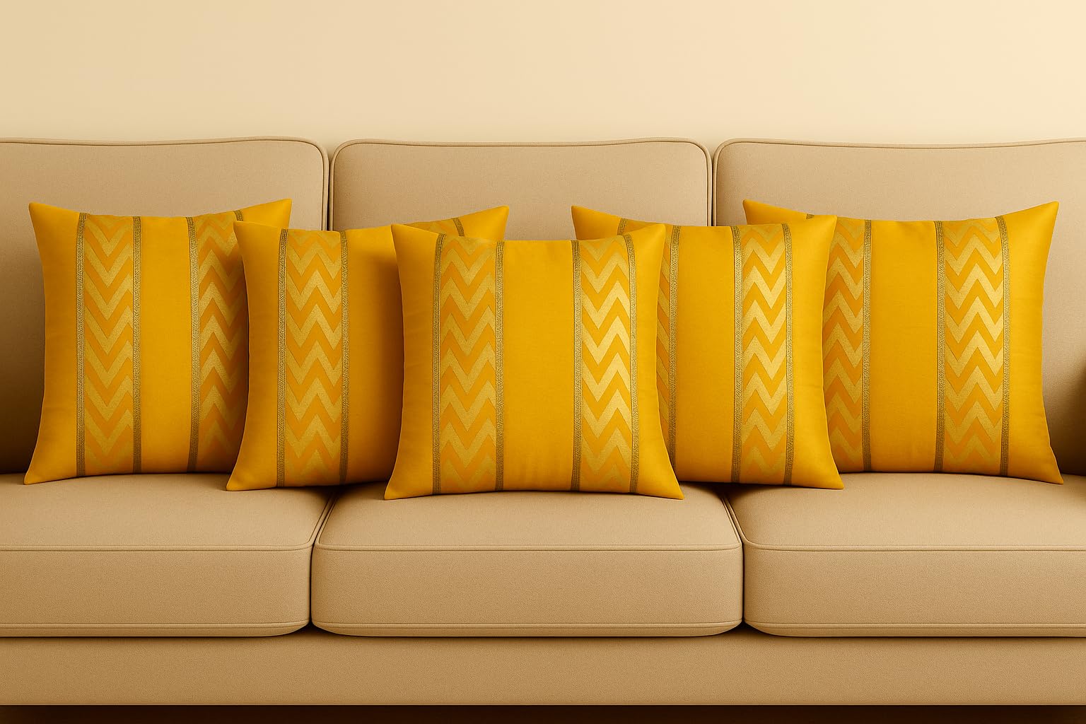 EVERIA Dupion Silk Cushion Cover with Golden Chevron Design – 16x16 Inch Decorative Throw Pillow Cover for Sofa & Home Decor – Set of 5 (Yellow)-image-23