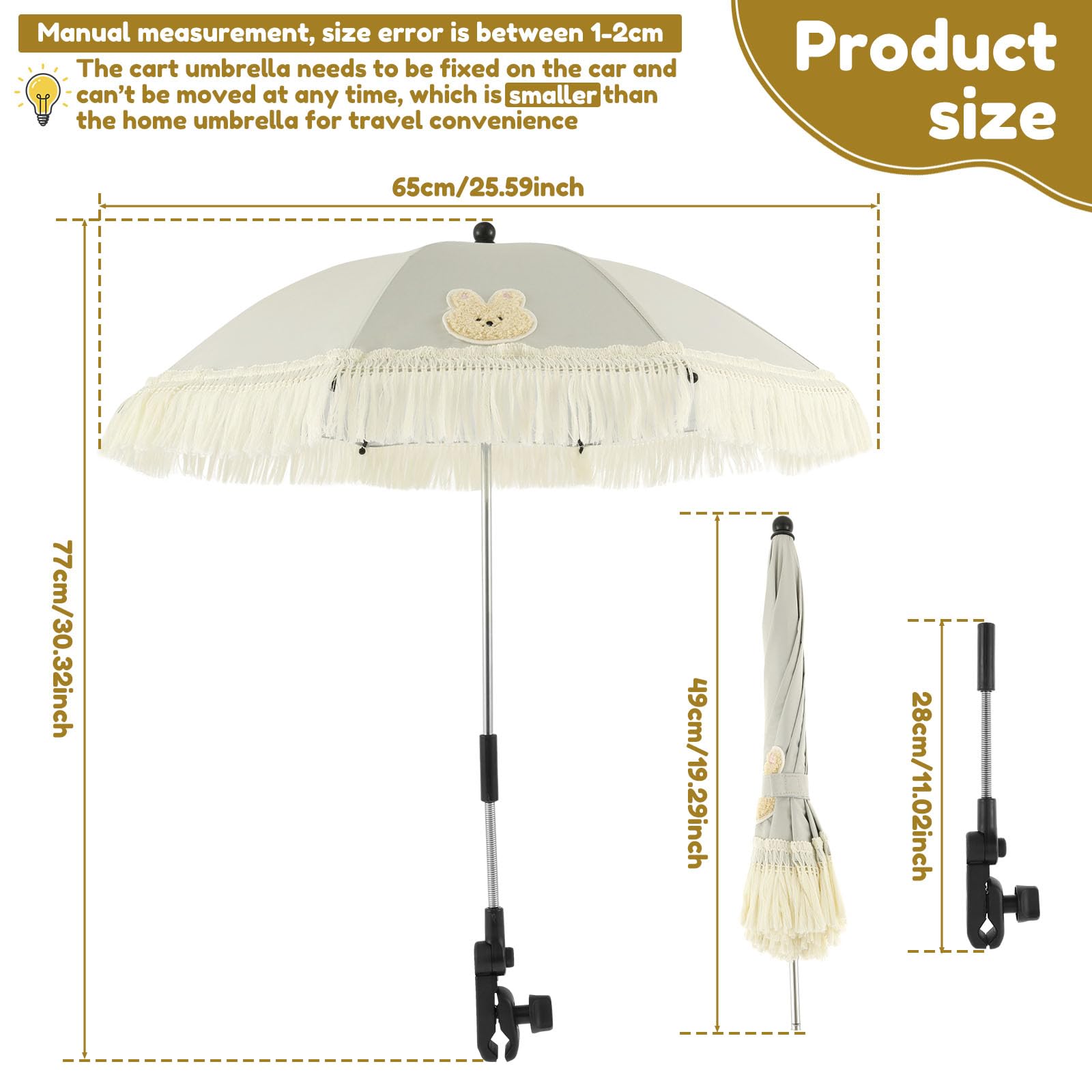 Tcwhniev Baby Stroller Outdoor Parasol with Tassels, Adjustable Baby Stroller Umbrella, Cute Clip On Sunshade Parasol, Children Outdoor Beach Umbrella Proof for Children Buggy, White