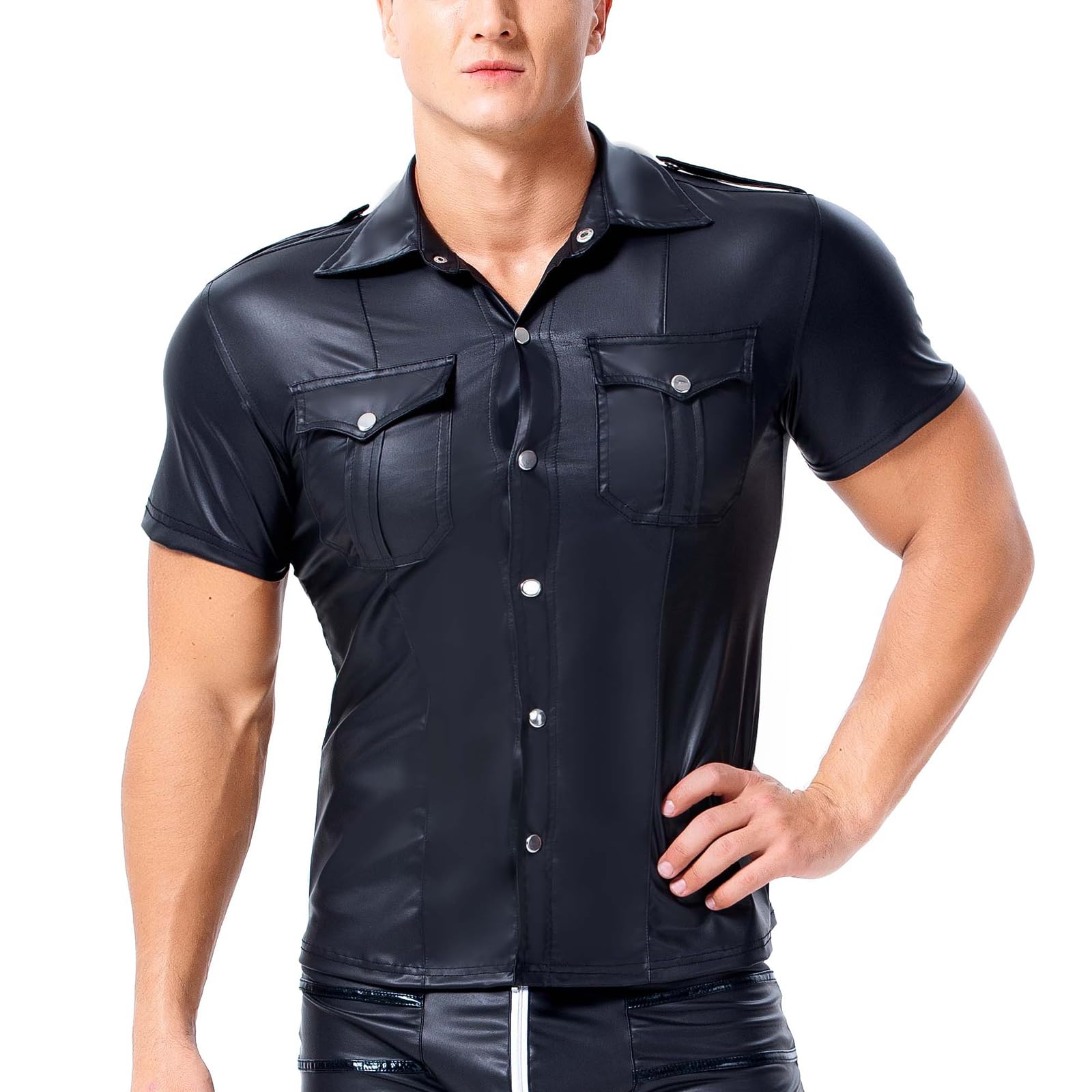 Chemise en cuir verni pour homme - Aspect laqué - T-shirt à manches courtes - En cuir synthétique - Avec boutonnière - Coupe ajustée - Latex brillant - Tops musculaires avec poches de poitrine