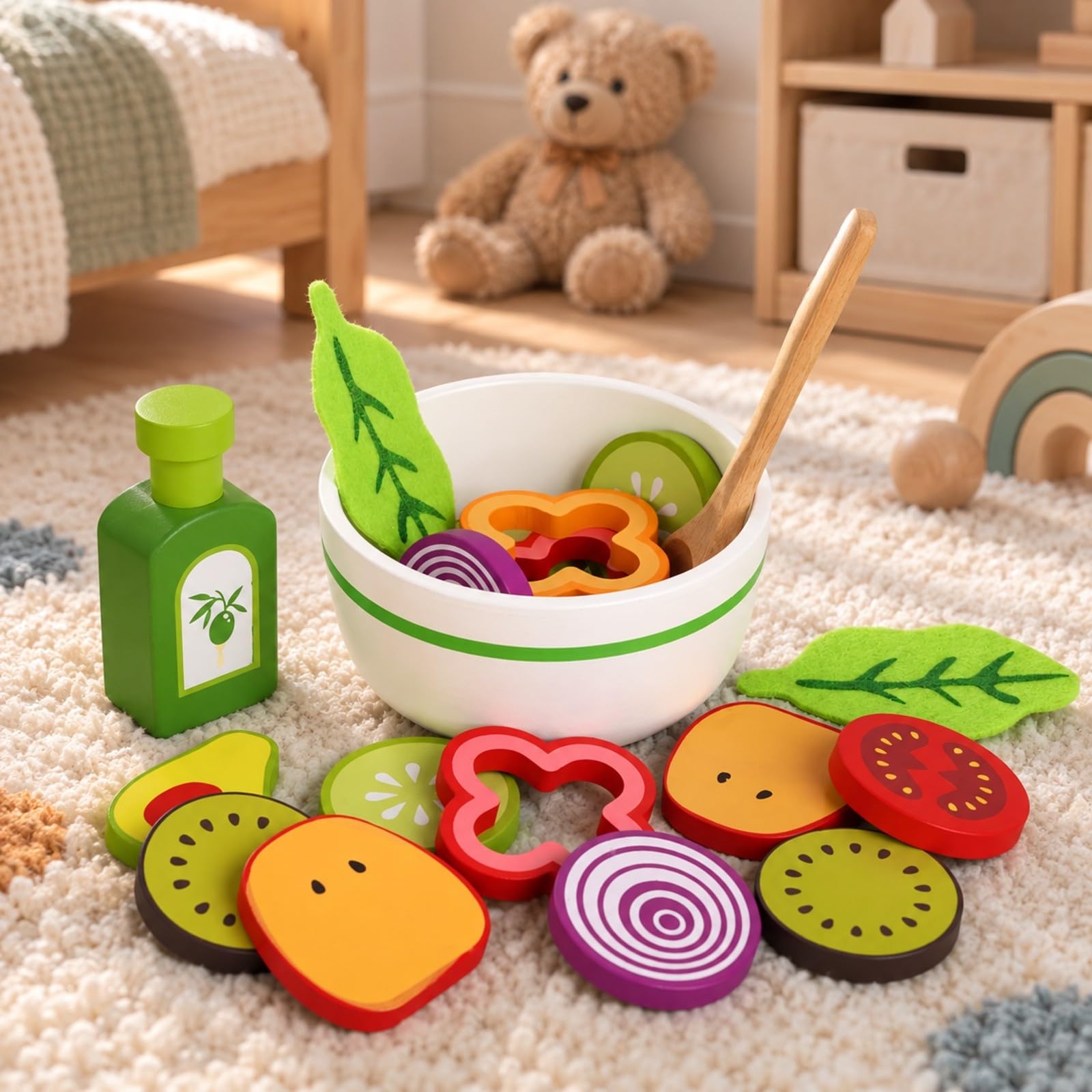 Set Insalata Giocattolo con Ciotola e Cucchiaio con Pittura a Base d'Acqua Giocattolo di Ortaggi di Legno Resistente e Durevole per Bambini