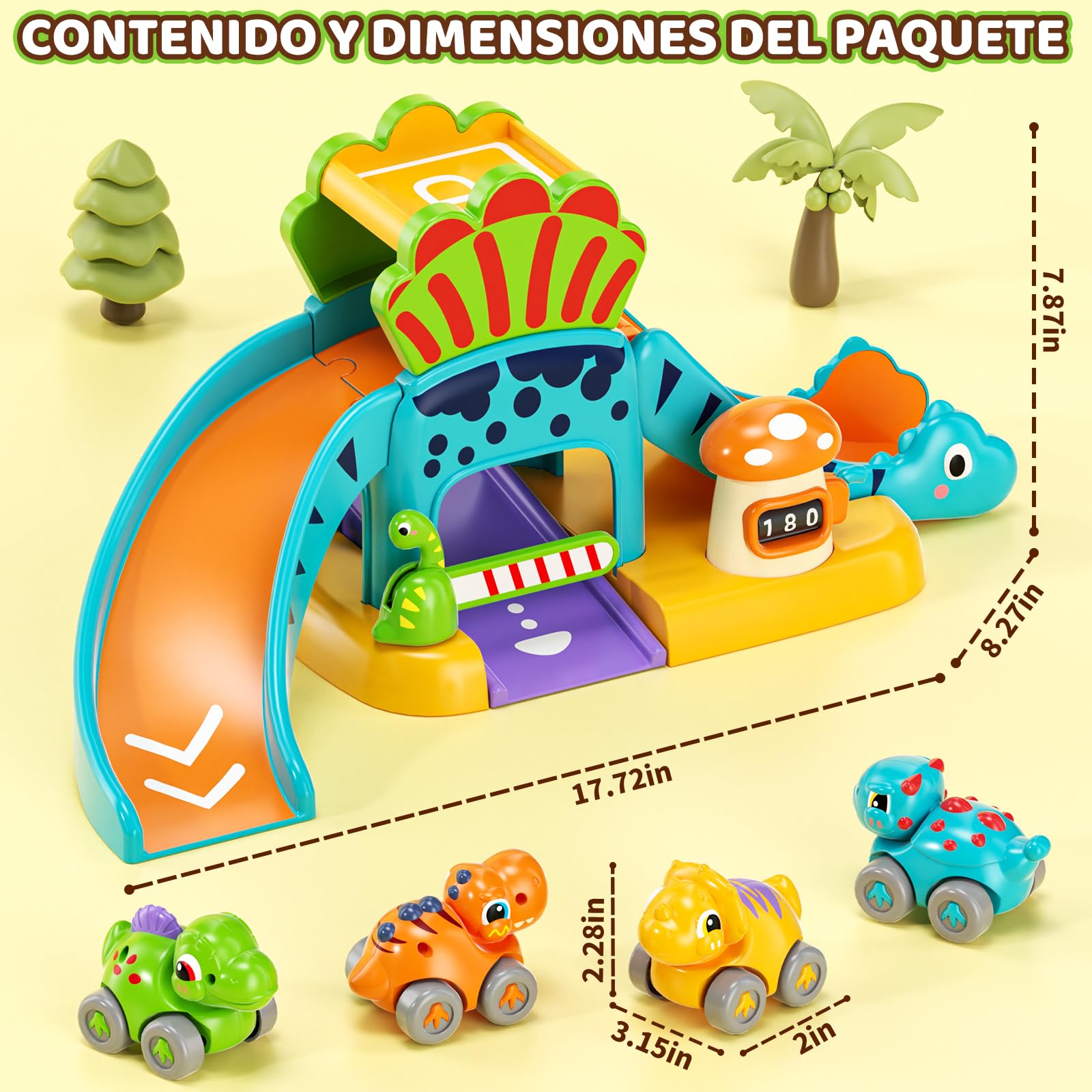 Lehoo Castle Coche de Dinosaurios para Niños 1 2 3 Años, Juguete Educativo con Tobogán y Aparcamiento, Desarrollo Motricidad y Creatividad, Regalo para Niños y Niñas 1-3 Años