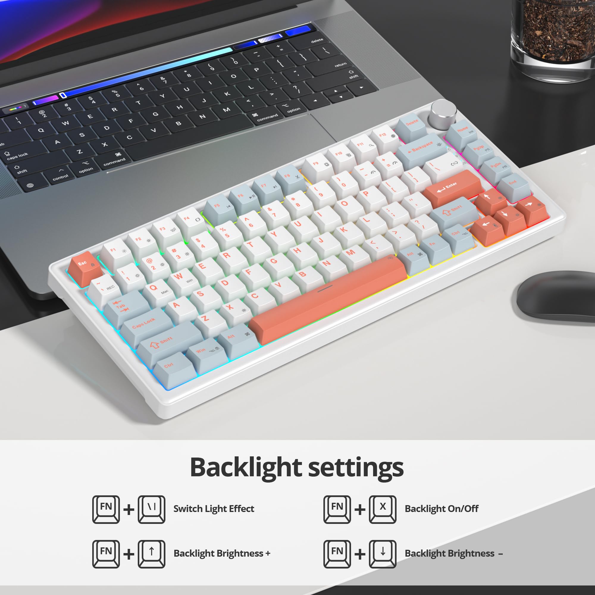 SOLIDEE Mechaniczna klawiatura przewodowa 75%,Hot Swappable Keyboard Struktura Gasket,Klawiatura TKL RGB z podświetleniem,82 klawisze NKRO Kompaktowa mechaniczna klawiatura z pokrętłem(Salmon)