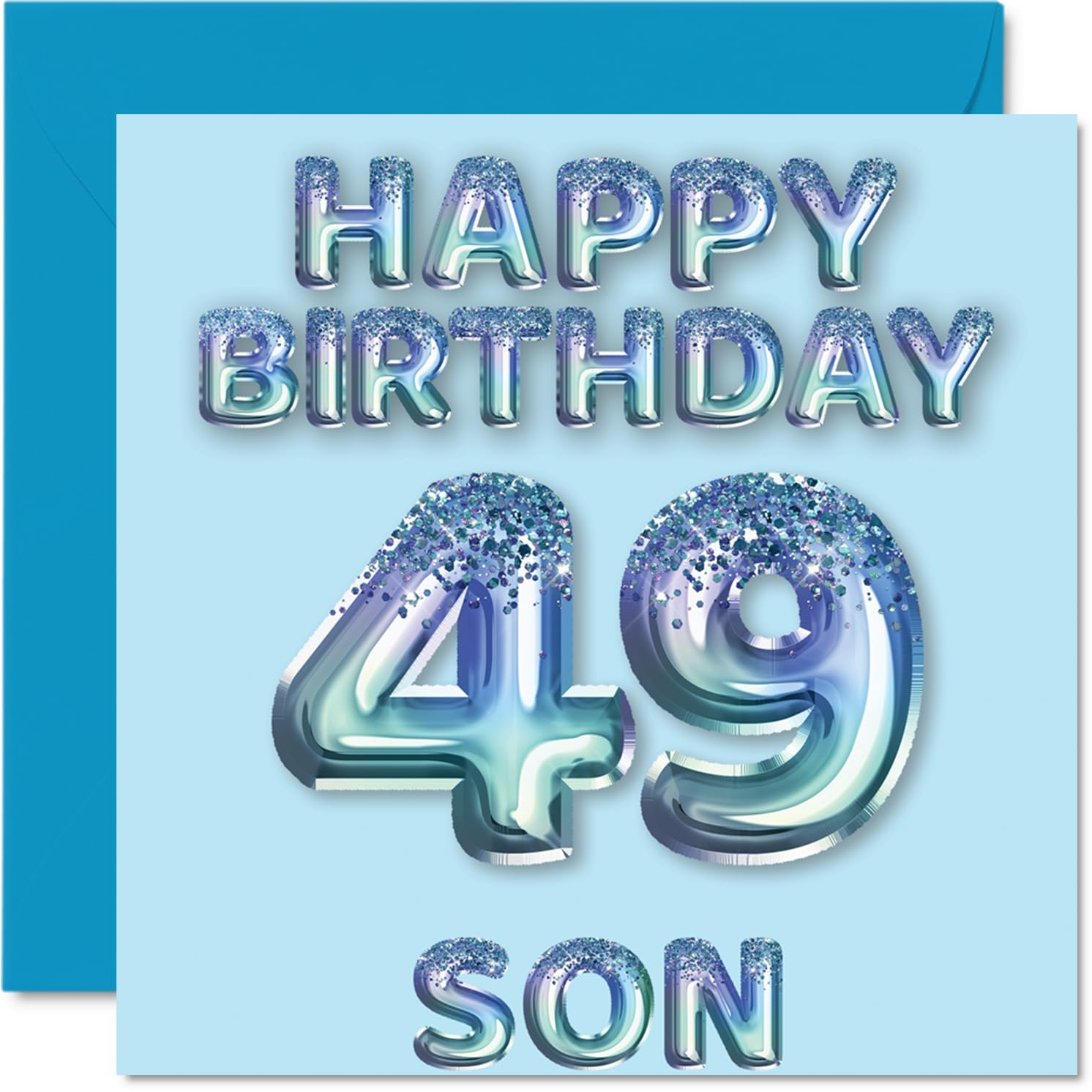 49th Birthday Card for Son, Blue Glitter Party Balloons