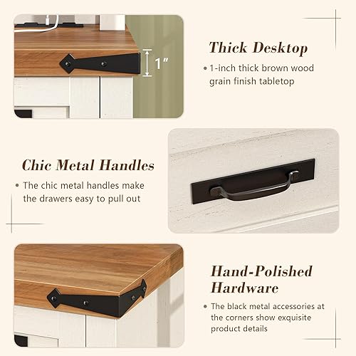 Miniatura 8 de Escritorio ejecutivo de granja con cajones, escritorio de computadora de 47 pulgadas con tomas de corriente, escritorio de oficina en casa con