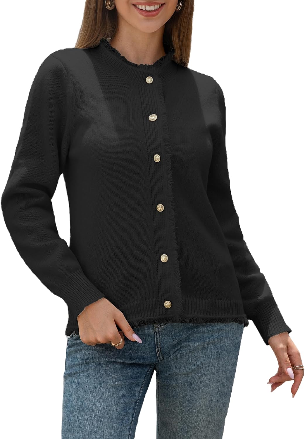 Women's Button Down Fringe Crew Neck Cardigans Sweaters Long Sleeve Loose Fit Knit Jacket Trendy Outerwear