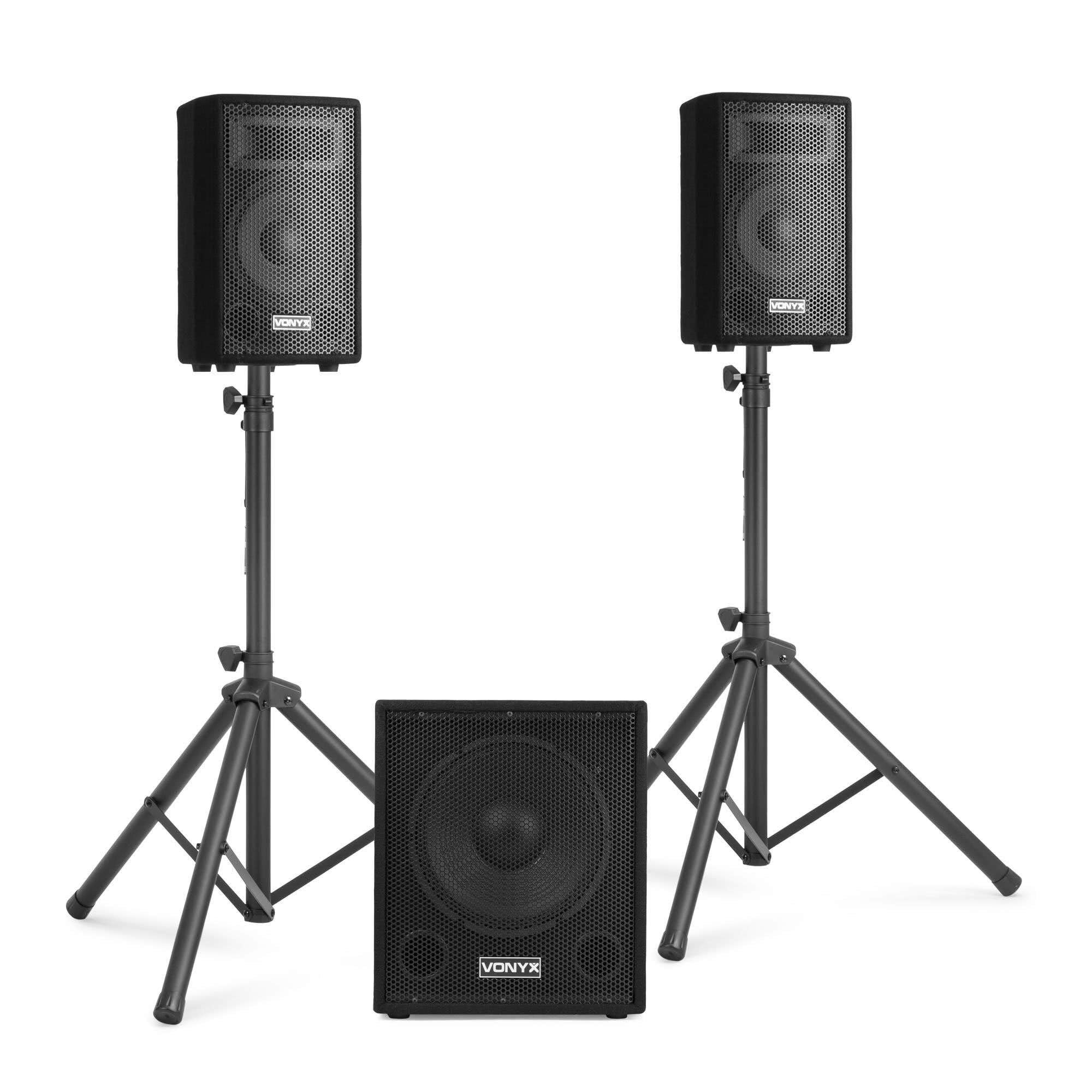 Power Dynamics VX0812BT 2.1 aktywny dźwięk z subwooferem 12 cali, 2 głośniki 8 cali, Bluetooth, USB SD, 800 W, statywy, korektor, czarny dywan, wydarzenia i mobilni DJ-e