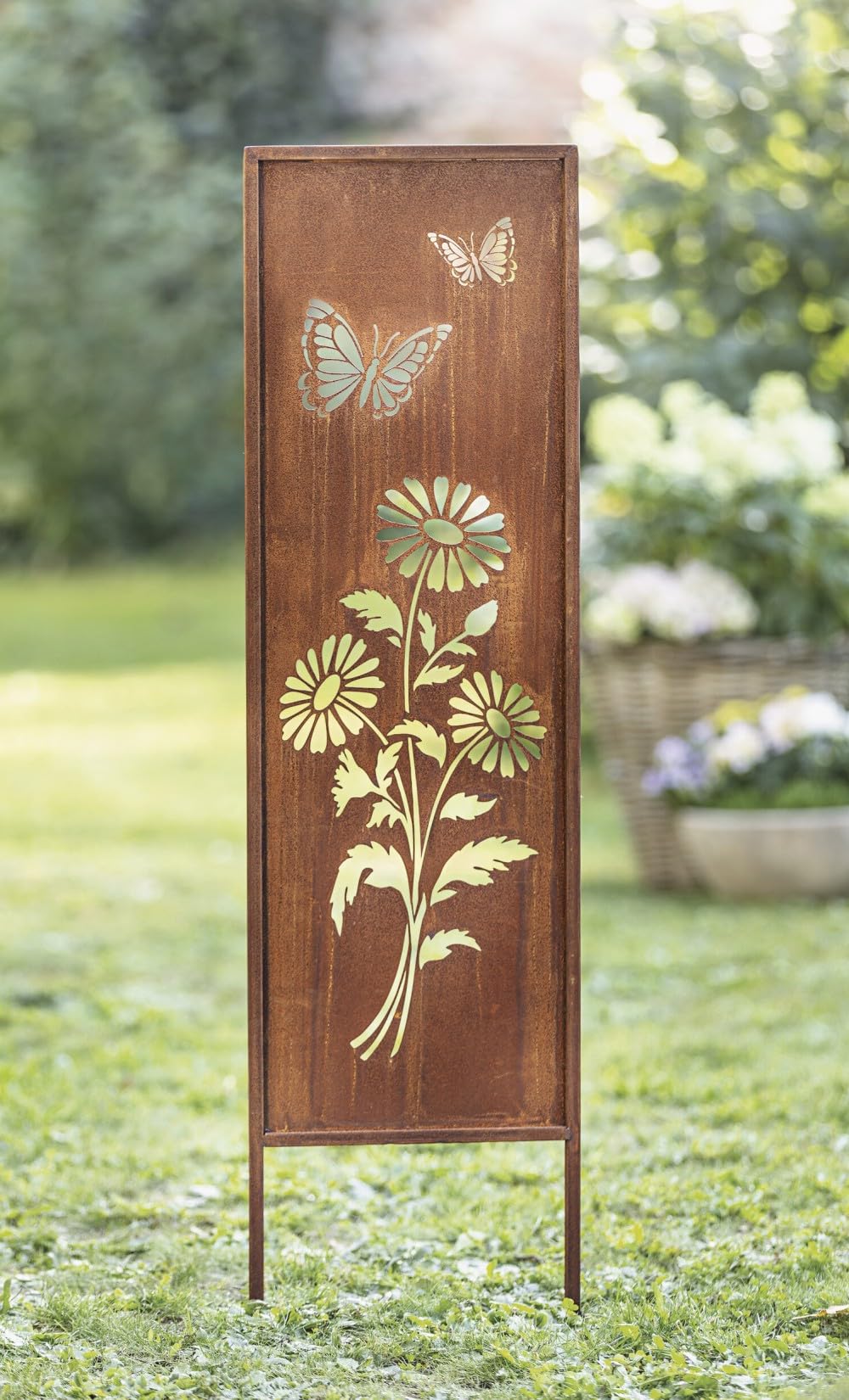 Plaque décorative en métal « Fleurs et papillons » avec finition en rouille véritable, 117 cm de haut, plaque décorative pour jardin, piquet de jardin