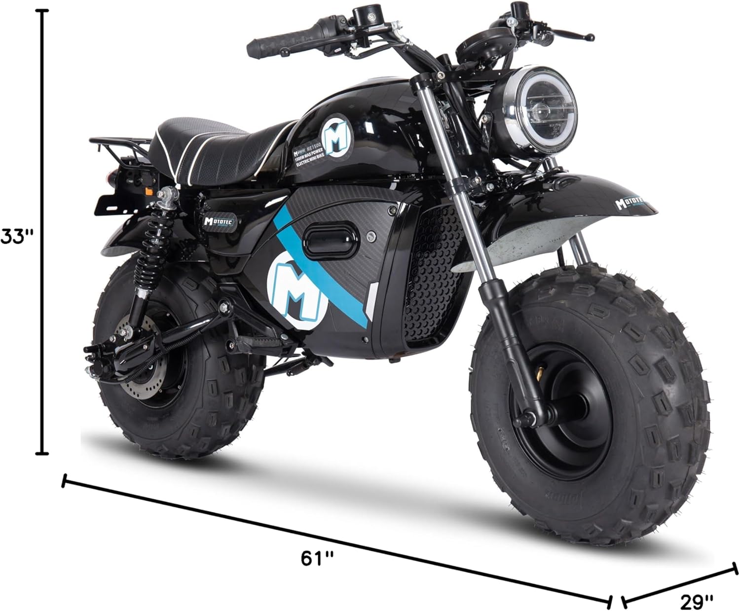 Dimensions of MotoTec 60V 1500W Electric Mini Bike