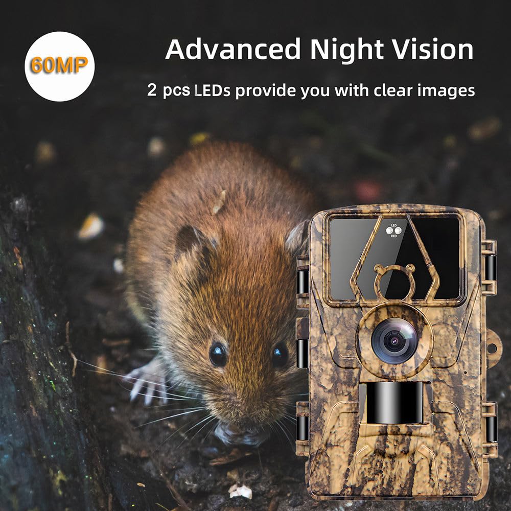 8K Video Wildlife Kamera, 60MP Full HD WiFi mit Handyübertragungs-App, Bewegungssensor, Nachtsicht, 0,1s Auslösezeit, Infrarot Wildlife Kamera mit 32G Speicherkarte & Karte