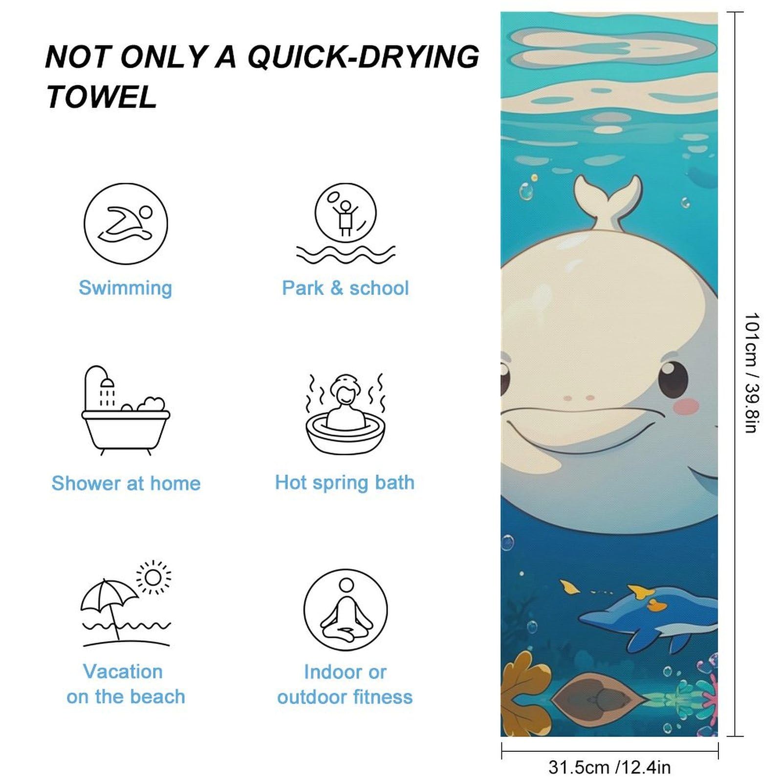 FHESDCW Cartoon White Whale Towel Quick Dry Ice Towels for Hot Weather Breathable Camping Towels Sweat Super Absorbent Bathroom Towel for Gym Yoga Pilates Exercise