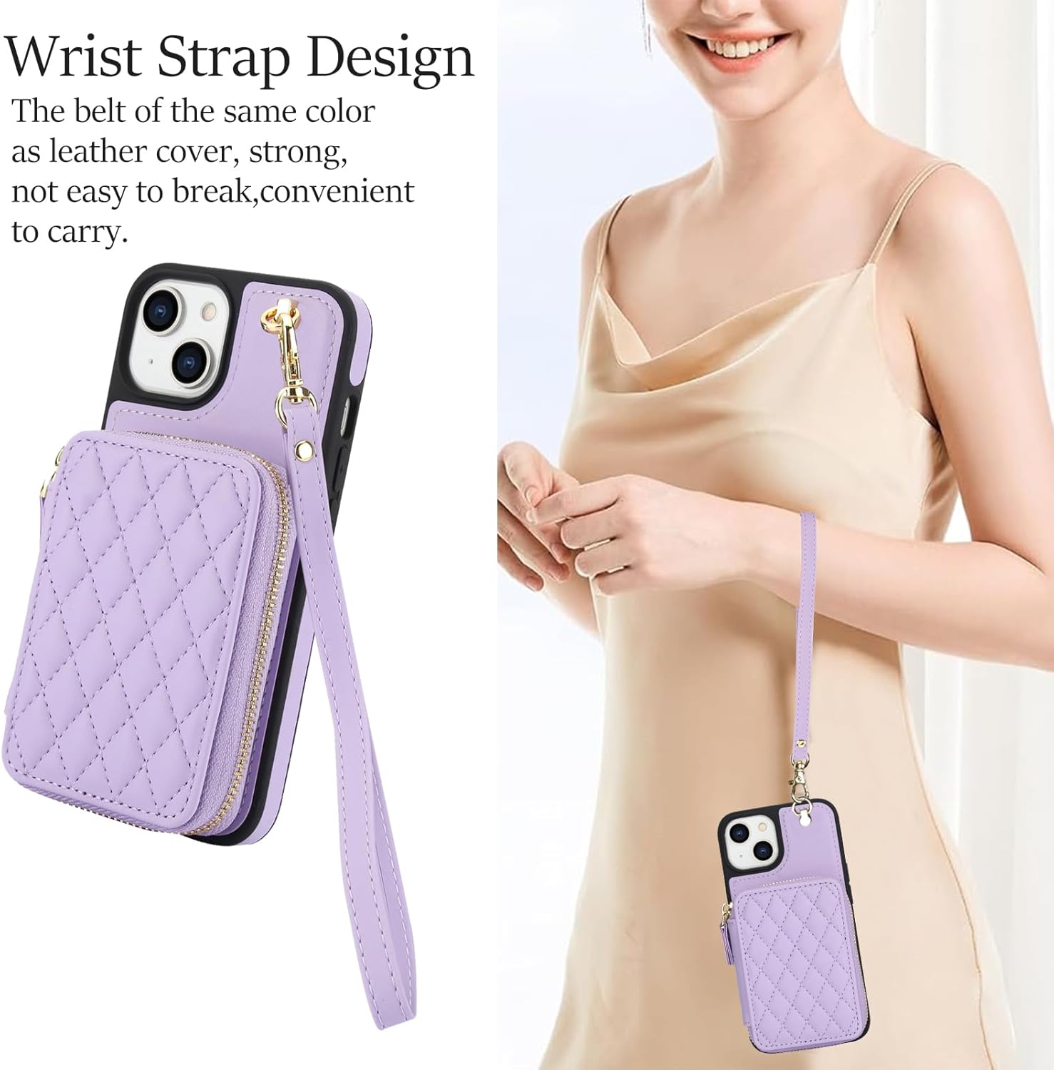 Asuwish Phone Case for iPhone 15 6.1 inch Wallet Cell Cover with Tempered Glass Screen Protector Wrist Crossbody Strap Stand RFID Blocking Credit Card Holder i Phone15 i15 15Case Women Girls Purple