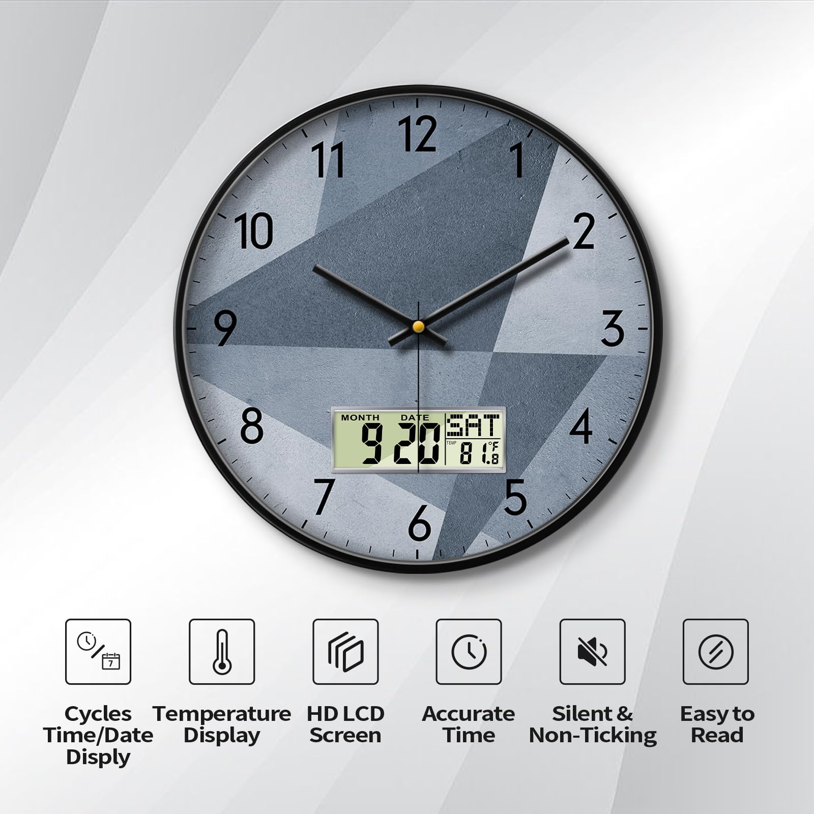 Orologio da parete moderno silenzioso senza ticchettio grigio per decorazione soggiorno digitale grande display silenzioso a batteria orologi da parete con data e giorno della settimana temperatura