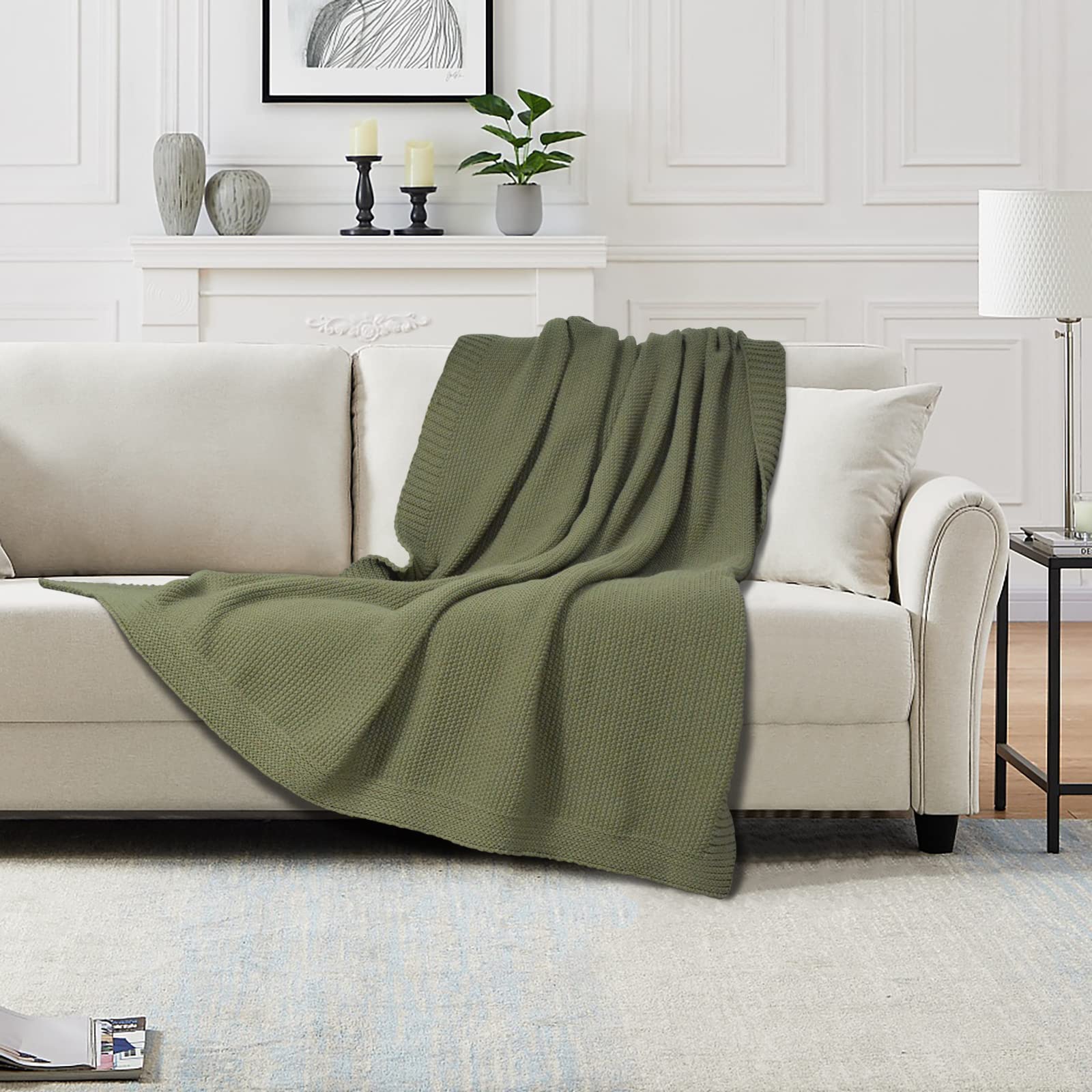 Cable Knit Throw Blanket for Couch, Soft Warm Cozy Versatile Decorative Knitted Throw Blanket for Sofa, Chair - Olive Green, 60"x80"