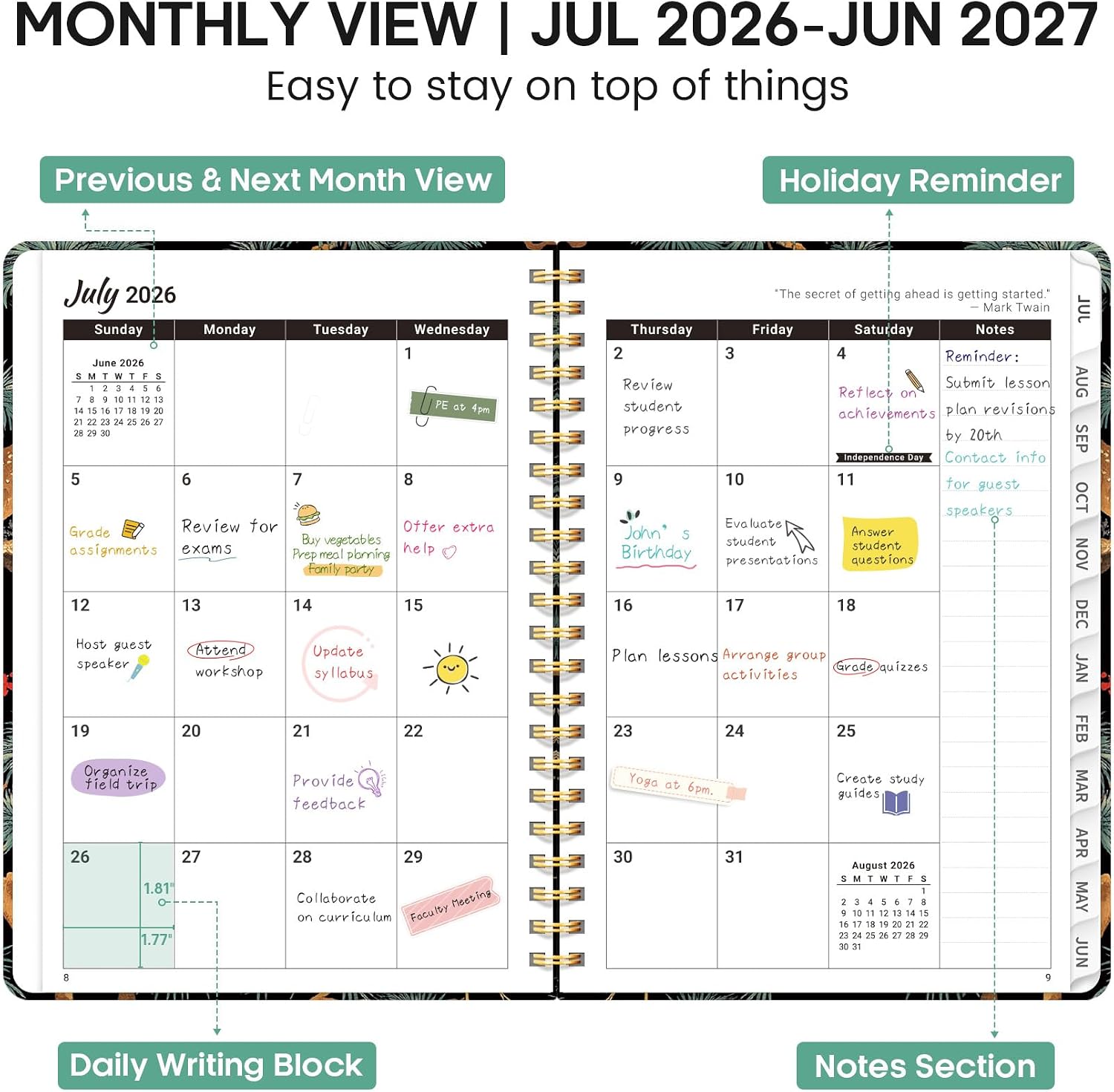 Academic Planner 2026-2027, Weekly and Monthly Calendar Book, July 2026 – June 2027, Hardcover Planner with Tabs, Perfect for Teachers, Students, Women & Men, A4 (8.5" x 11") - Crane