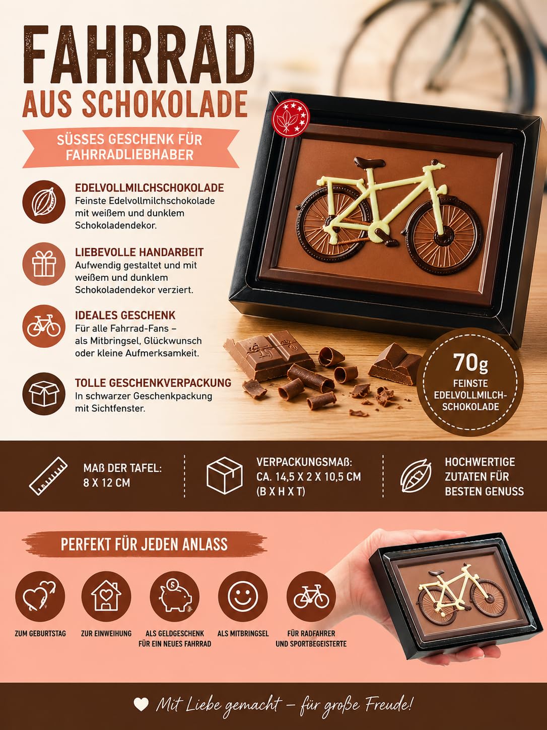 Fahrrad aus Schokolade in Geschenkverpackung Lebensmittel & Getränke