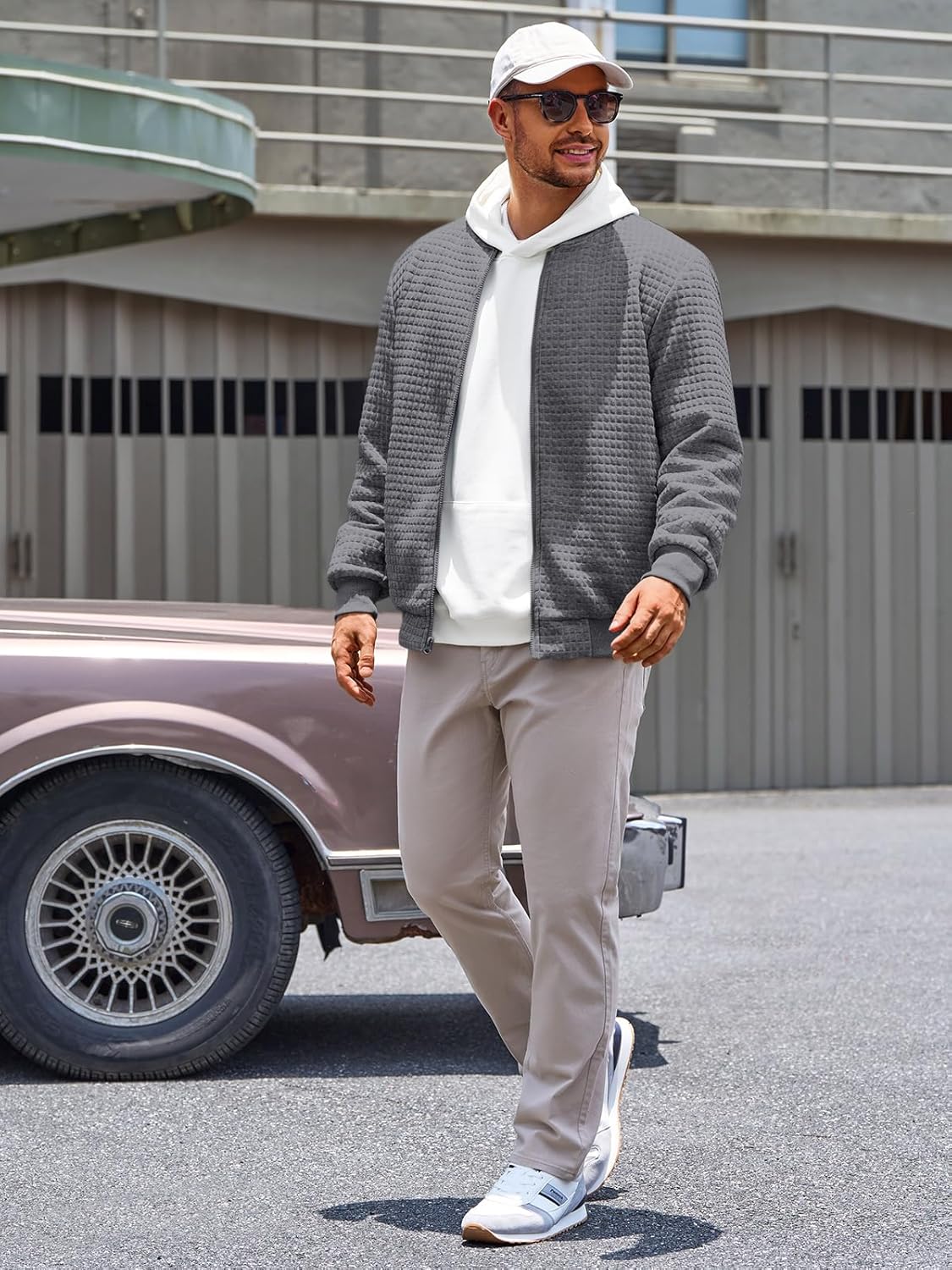 Runcati Mens Bomber Jacket Casual Lightweight Varsity Jackets Waffle Full Zip Coat - Image 5