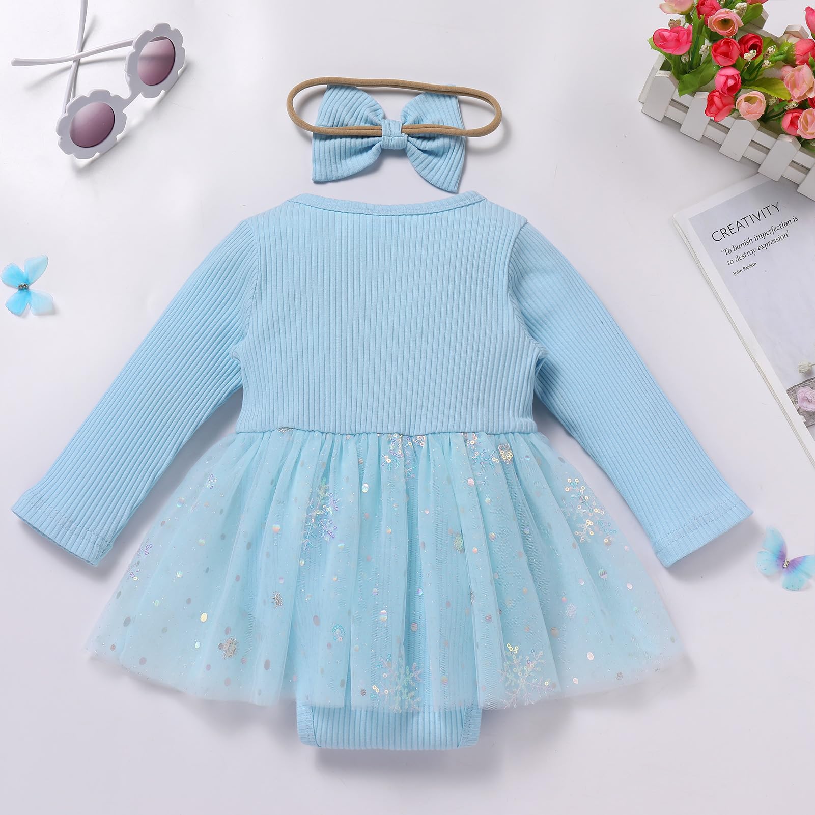 ODOLDI Kids Girls 1st Birthday Outfits Snowflake/Pumpkin Long Sleeve Romper Dress and Headband Cake Smash Outfits Blue Snowflakes 9-12 Months