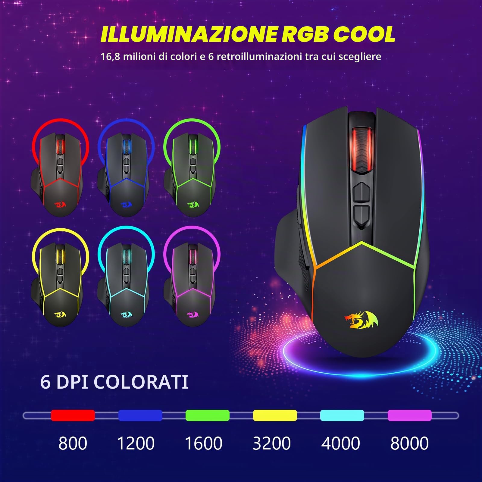 Redragon Mouse da gioco senza fili, 2,4 G/USB-C/Bluetooth, mouse ergonomico, 8000 DPI, RGB Back-Light, completamente programmabile, mouse wireless ricaricabile per computer portatile PC Mac, M814