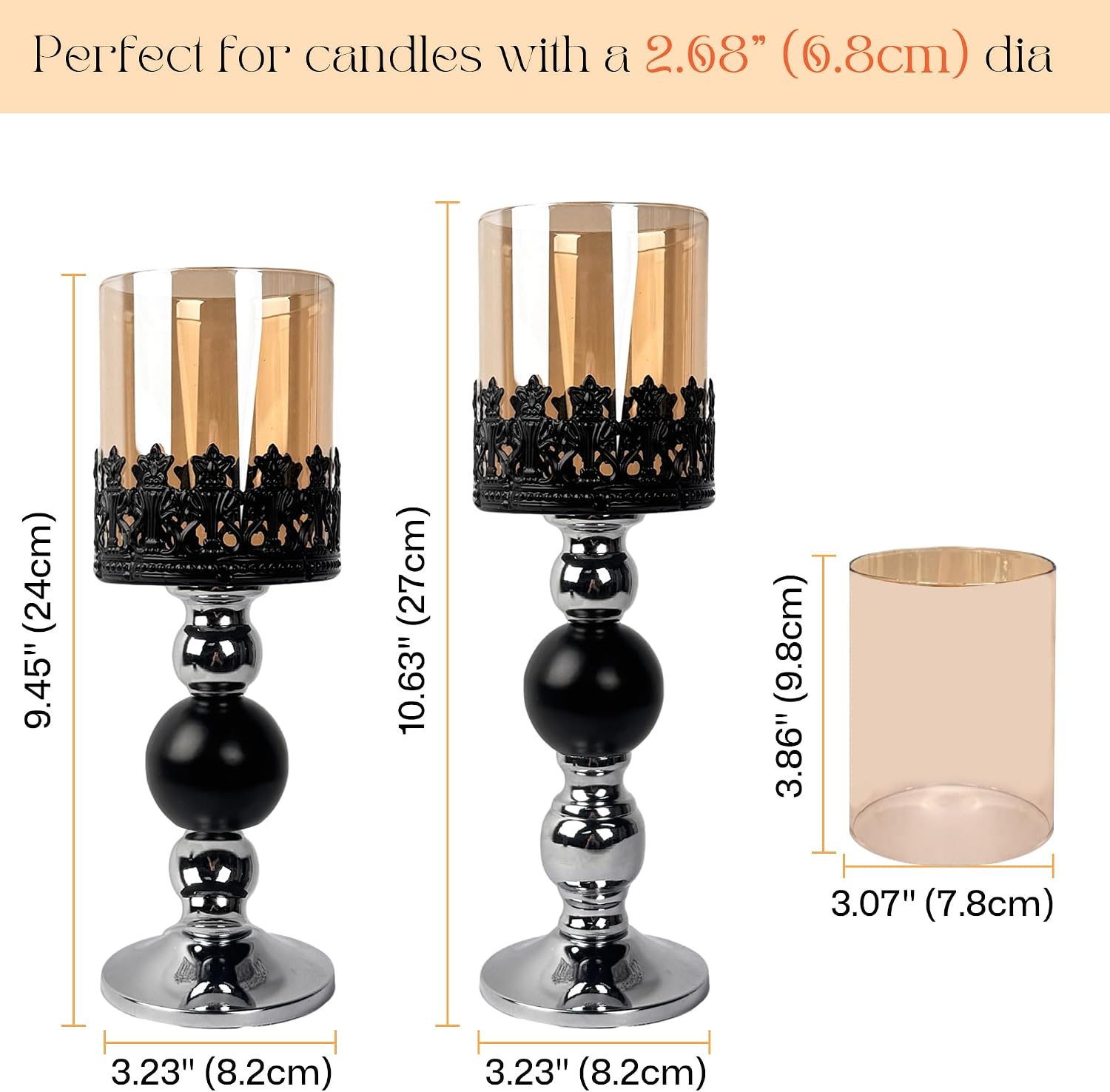 Luxury Hurricane Candleholders with Amber Glass Sleeves, 2PCS, S+L