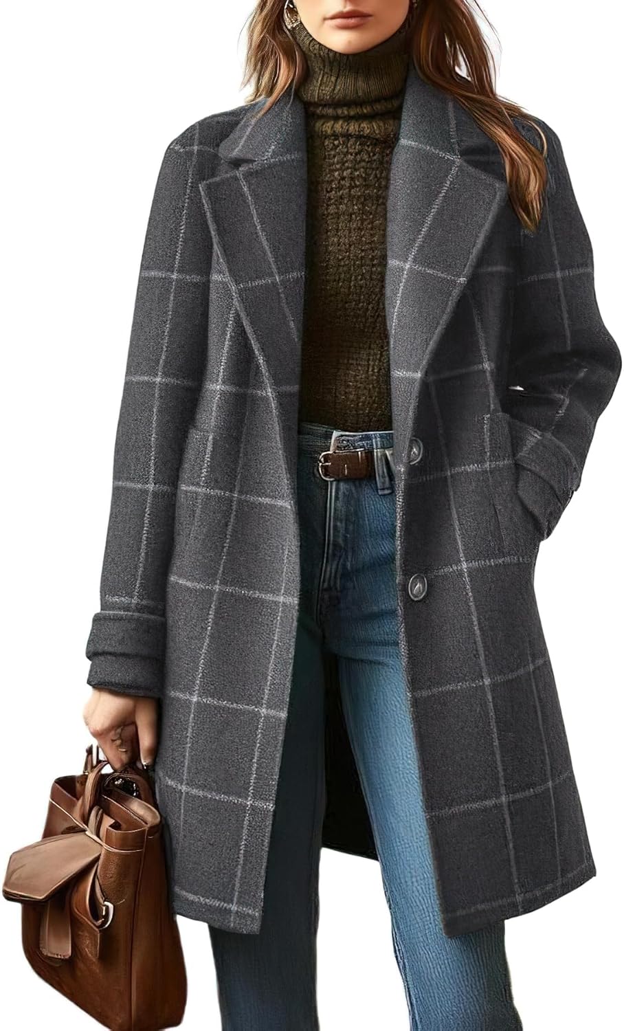 chouyatou Women's Winter Notched Collar Plaid Wool Trench Coat Button Down Mid Long Overcoat Outerwear