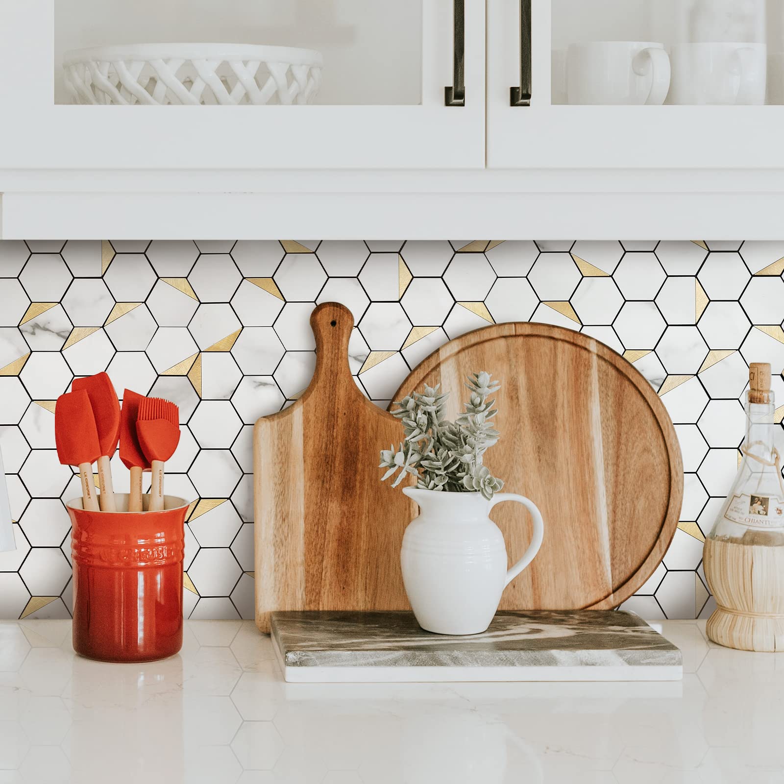 Azulejos Autoadhesivos Dorados Para Salpicaduras De Cocina - Formato Hexagonal, Resistentes Al Calor E Impermeables, Pack De 5 Hojas