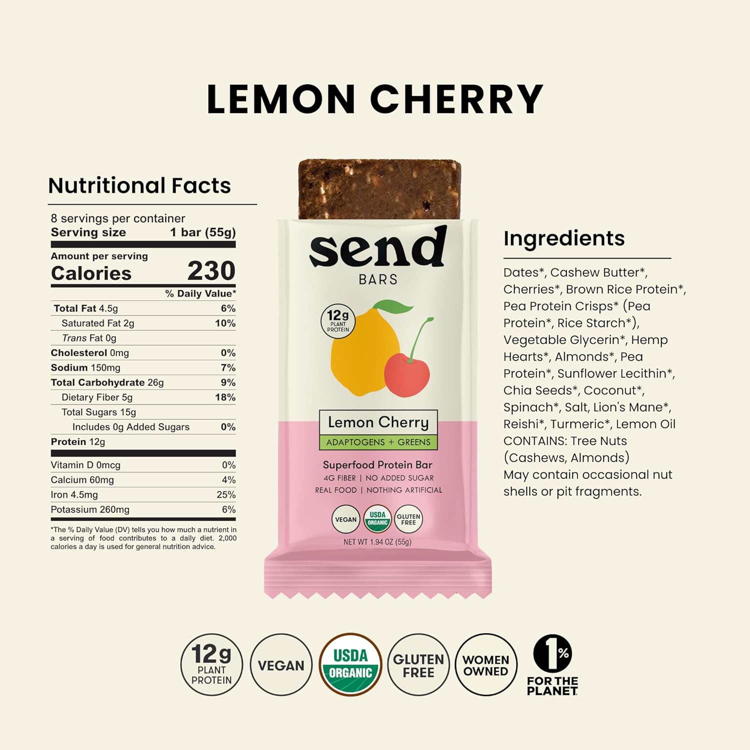 SEND Bars Organic Plant Based, Vegan, Healthy Protein Bars with Greens (Organic Lemon Cherry, 8 Bars) – Only Real Food Ingredients, No Added Sugar, Gluten Free, Dairy Free, Non-GMO, Healthy Snacks