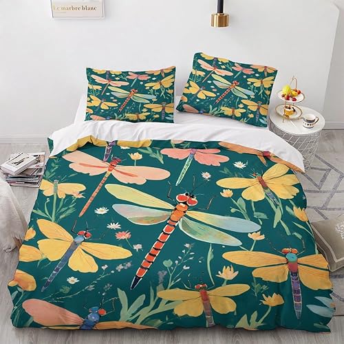 OmErsa Juego de funda de edredón de libélula tamaño matrimonial, 3 piezas, funda de edredón verde flor y 2 fundas de almohada de microfibra suave