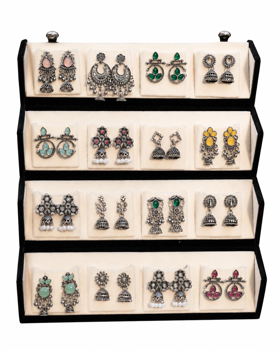 16 Pairs Oxidised Silver Earrings Combo for Women & Girls With Box | Traditional Jhumka, Pearl, Floral & Stone Studded Designer Earrings Set | Ethnic Fashion Jewelry for Daily Wear, Party, Wedding & Festival-image-39