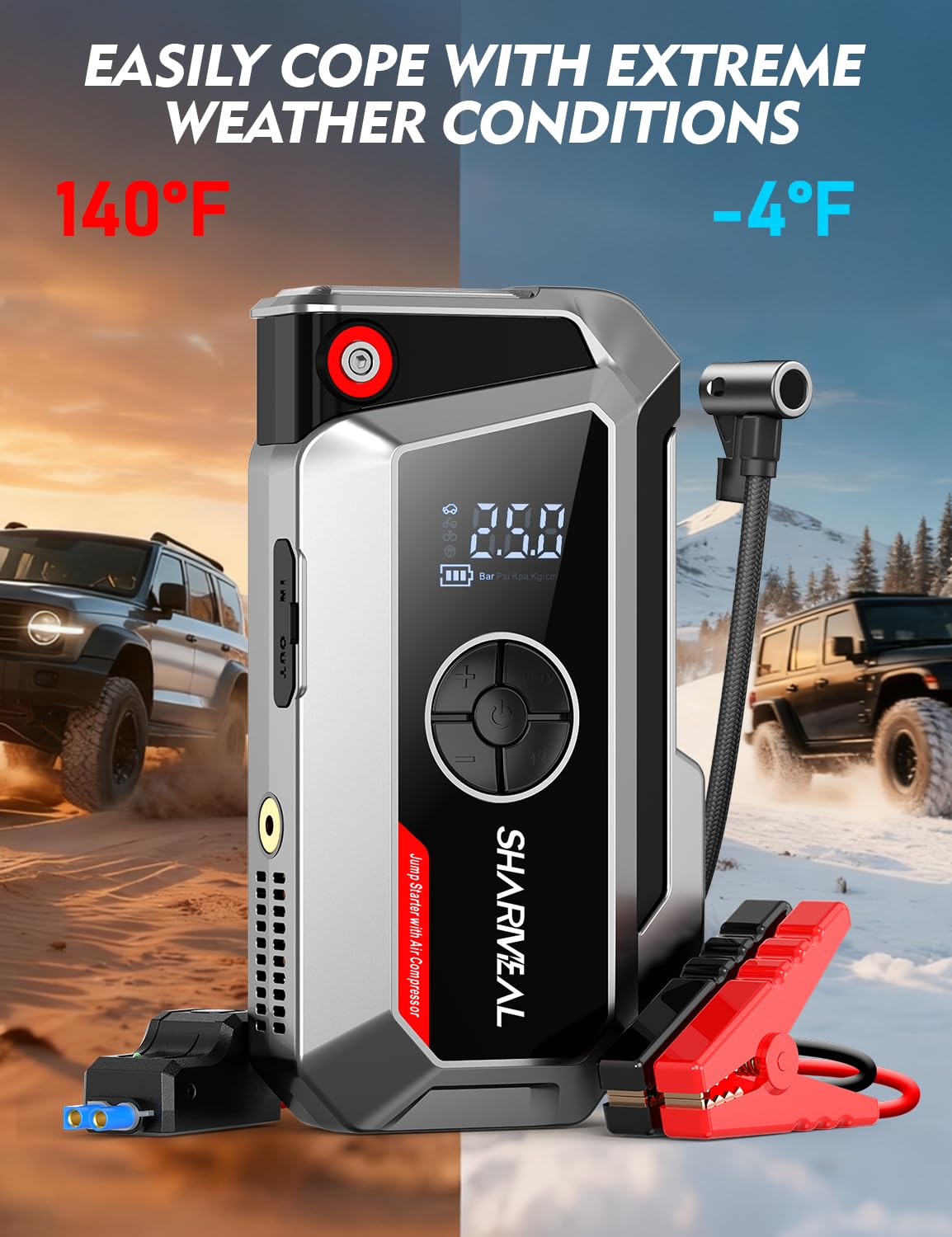 SHARMEAL 10000A 200PSl Compressore d'aria portatile per impieghi gravosi e avviatore di emergenza con display digitale, batteria per auto multifunzione 7 in 1, batteria al litio vari adattatori