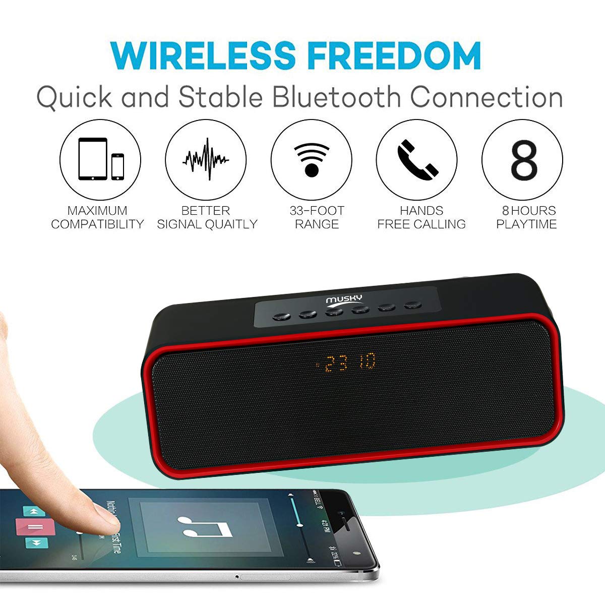 Altoparlante Bluetooth portatile, con driver acustico da 10 W, display a LED, radio FM, sveglia, vivavoce, slot per scheda Micro SD, USB e ingresso AUX, per smartphone, tablet e altro (DY22L, nero)