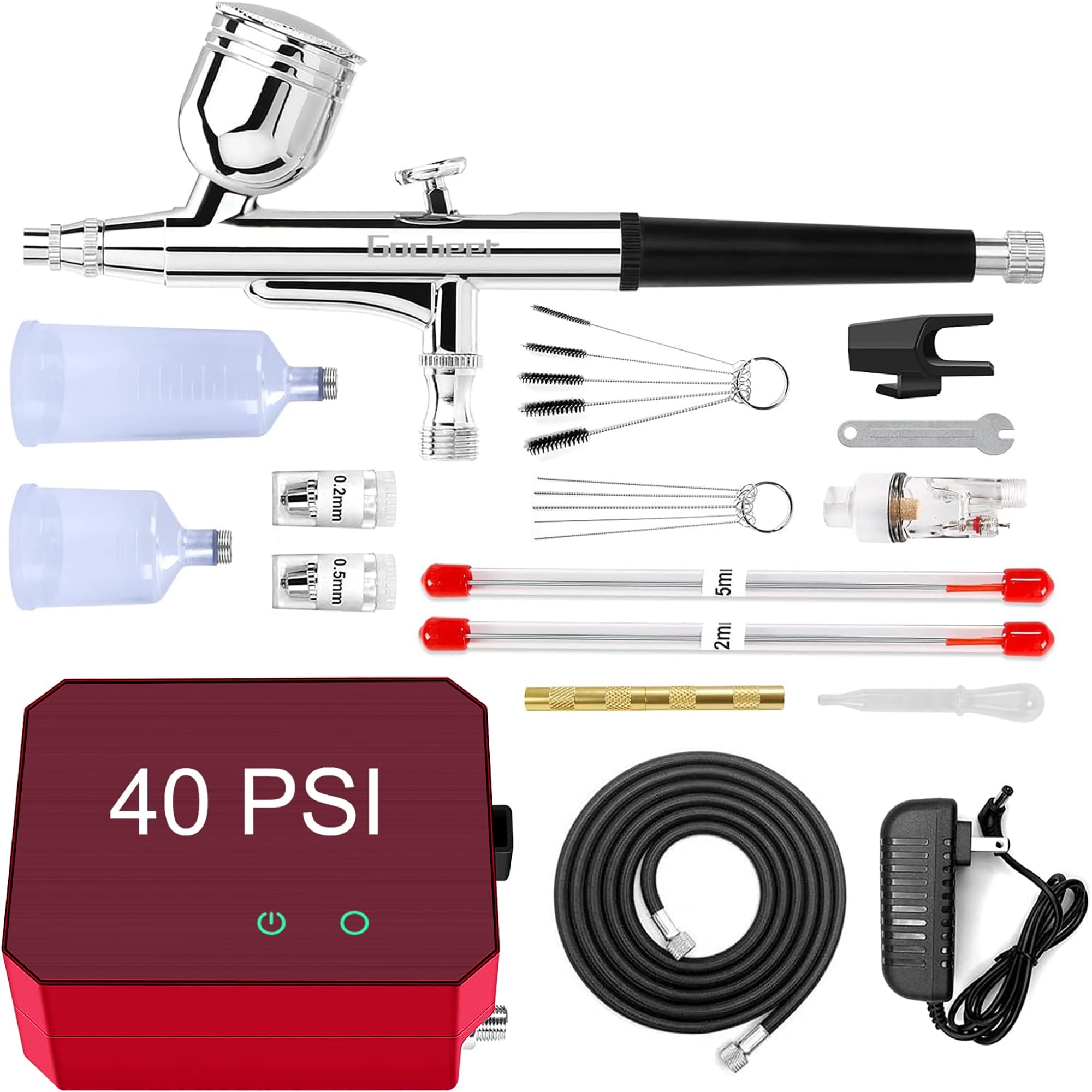 Gocheer Airbrush Kit with Air Compressor, 40 48 PSI High Pressure Air Brush Non-Clogging with 0.2/0.3/0.5mm Nozzle/Cleaning Sets, Ideal for Painting, Modeling, Cake Decor, Makeup (Red, 48 PSI)
