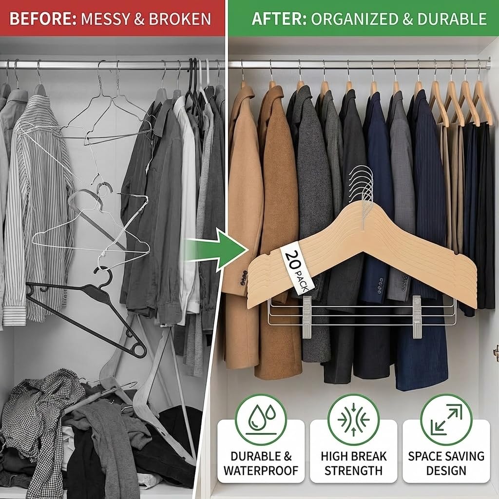 USTECH Percha de madera con forma de arco con clips | Percha de acabado de madera resistente para trajes, pantalones y faldas | Ahorro de espacio en el armario con muesca para hombros para vestidos de
