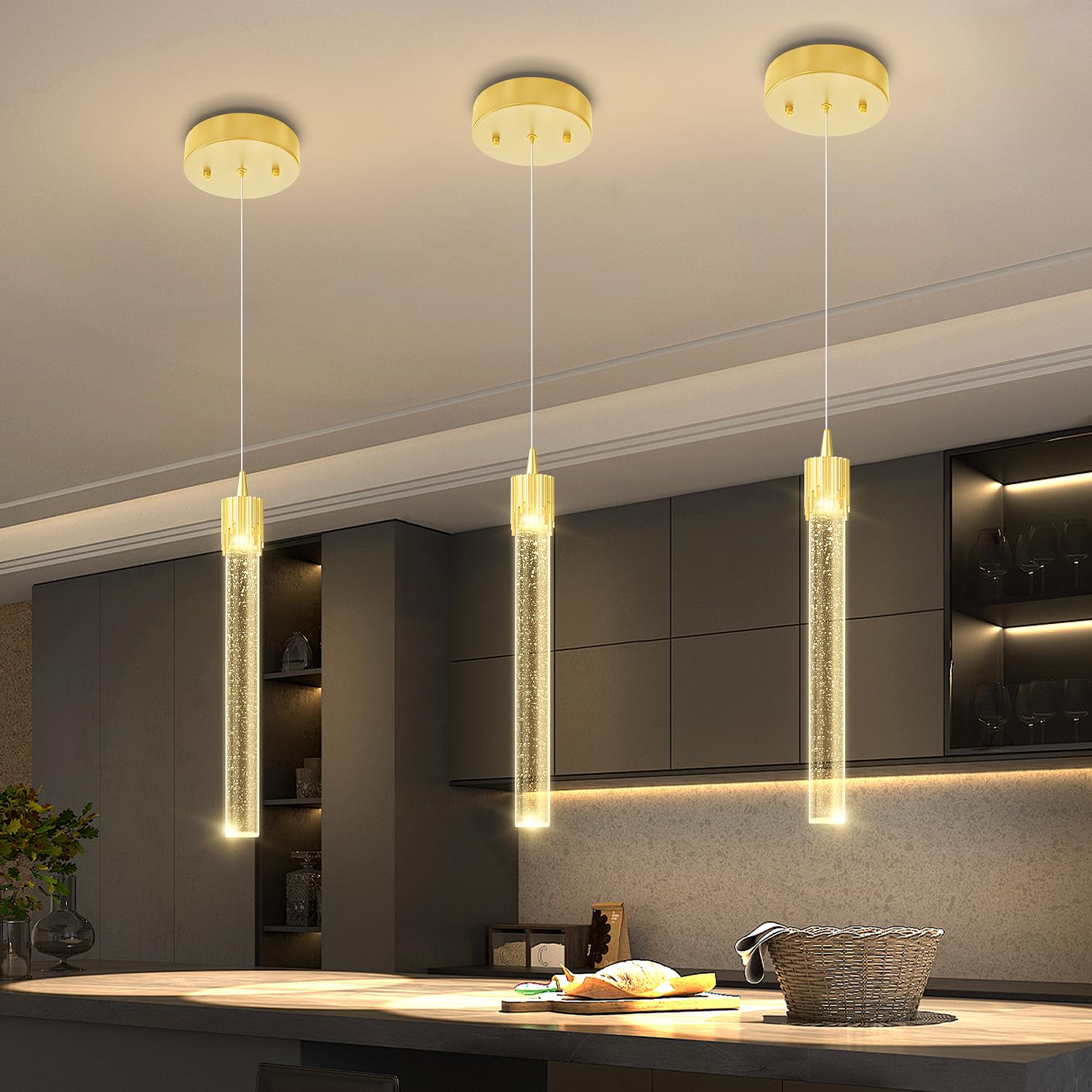 ykolupty Mini Chandelier Modern LED Gold Pendant Lights for Kitchen Island Small Crystal Hanging Light Dimmable 2700k-6000k