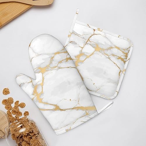 Miniatura 6 de Manoplas de horno y agarradores de ollas de mármol blanco y oro de silicona, accesorios de cocina de 4 piezas, guantes largos resistentes al calor