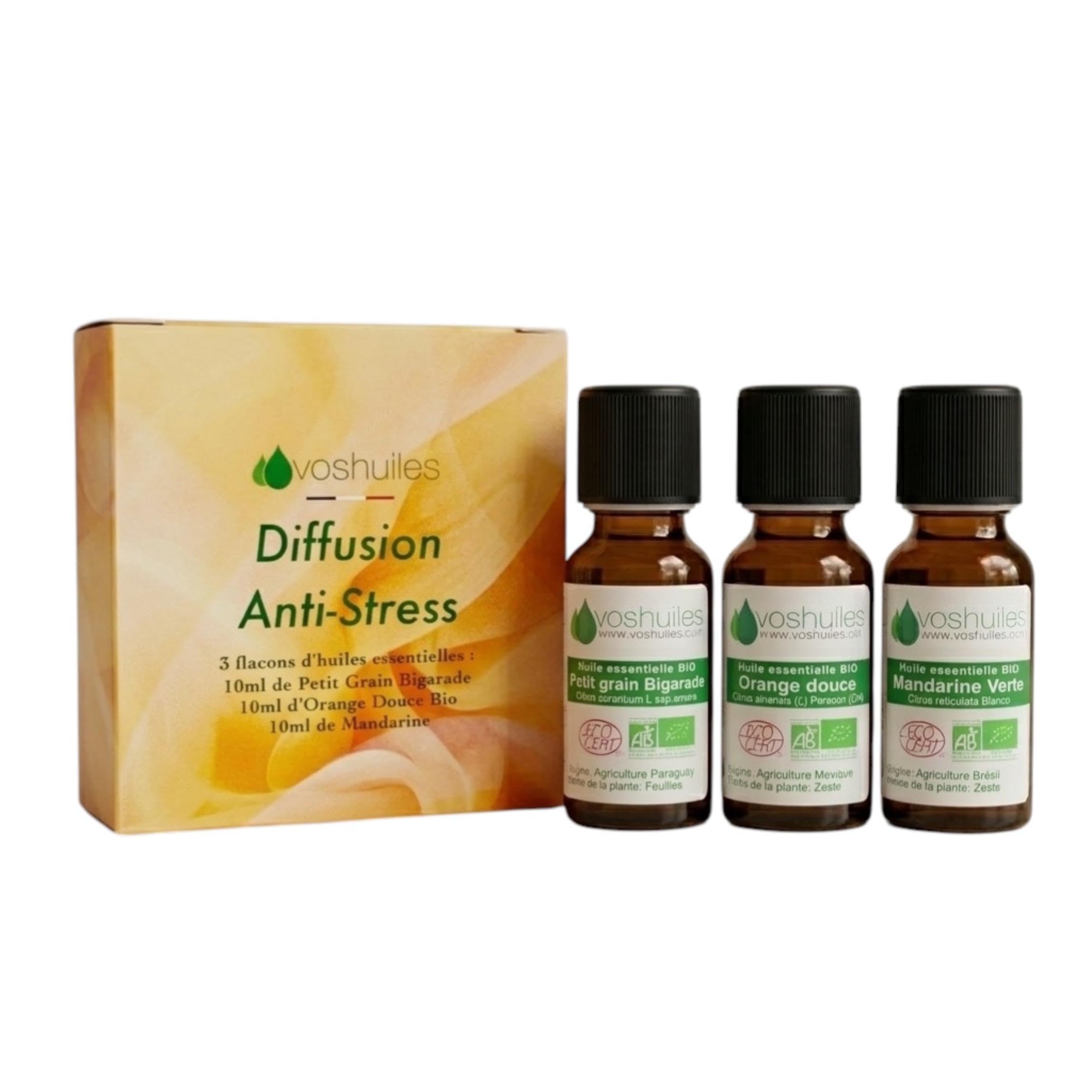 VOSHUILES - Kit Diffusion Anti-​Stress BIO - 3x10ml - Huiles Essentielles Orange Douce Petit Grain Bigarade et Mandarine Verte - Détente Naturelle et Sommeil