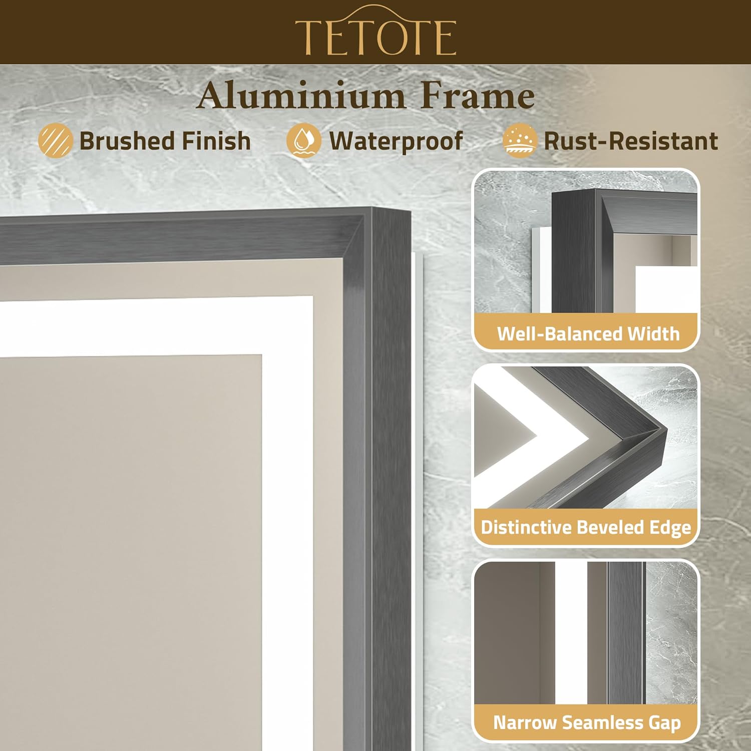 TETOTE 22 x 30 Bathroom LED Mirror Brushed Gunmetal Gray Frame Frontlit & Backlit Vanity Mirror Anti-Fog Stepless Dimmable 3 Colors White/Warm/Natural Wall-Mounted