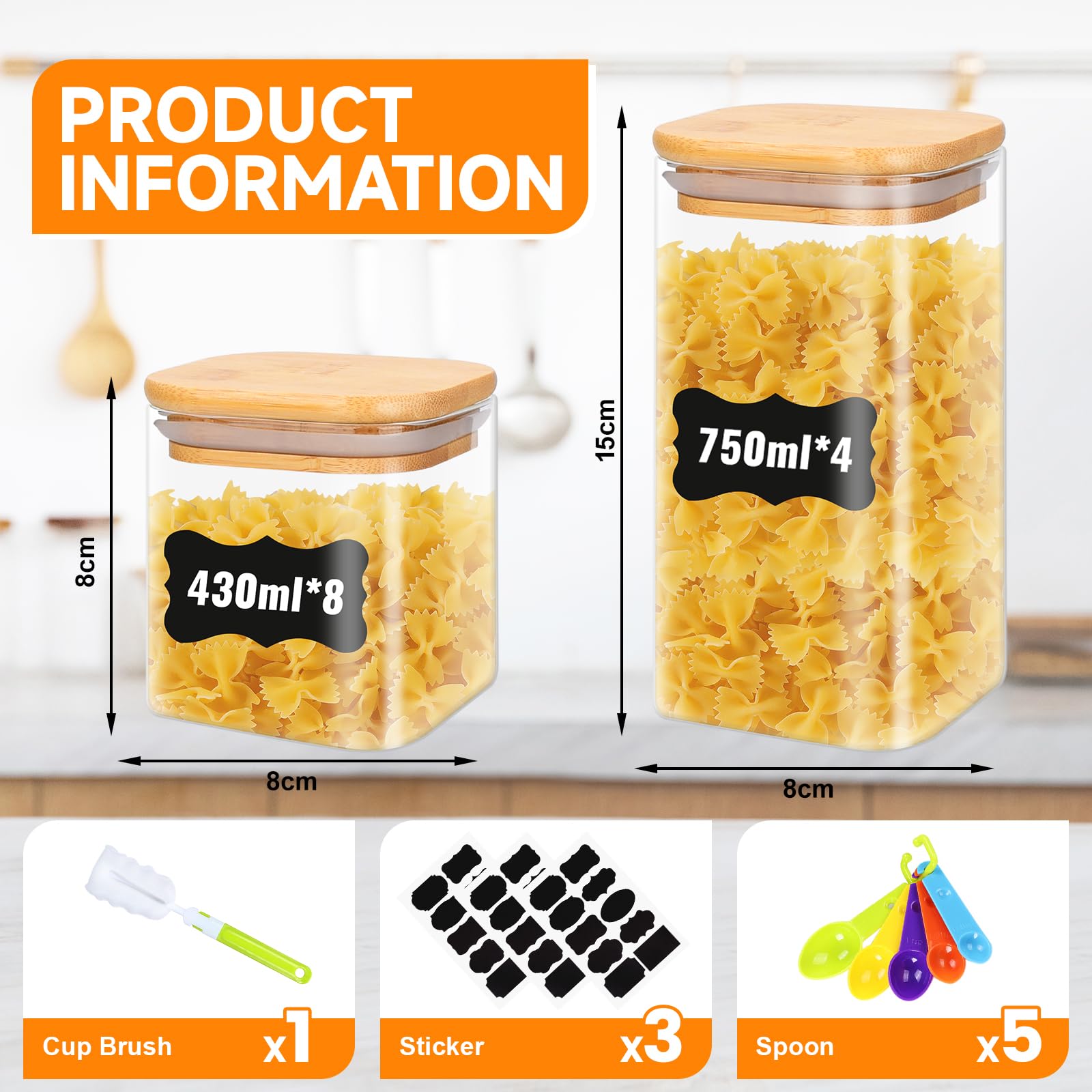 Tarros de Cristal con Tapa 12pcs,430ml/750ml Botes de Vidrio para Cocina, Almacenaje de Plástico con Etiqueta, para Granos Harina Azúcar