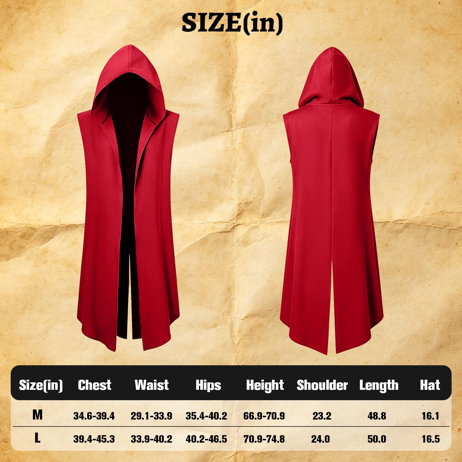 Abrigo renacentista con capucha para hombre, medieval, frente abierto, sin mangas, túnica de caballero para Halloween