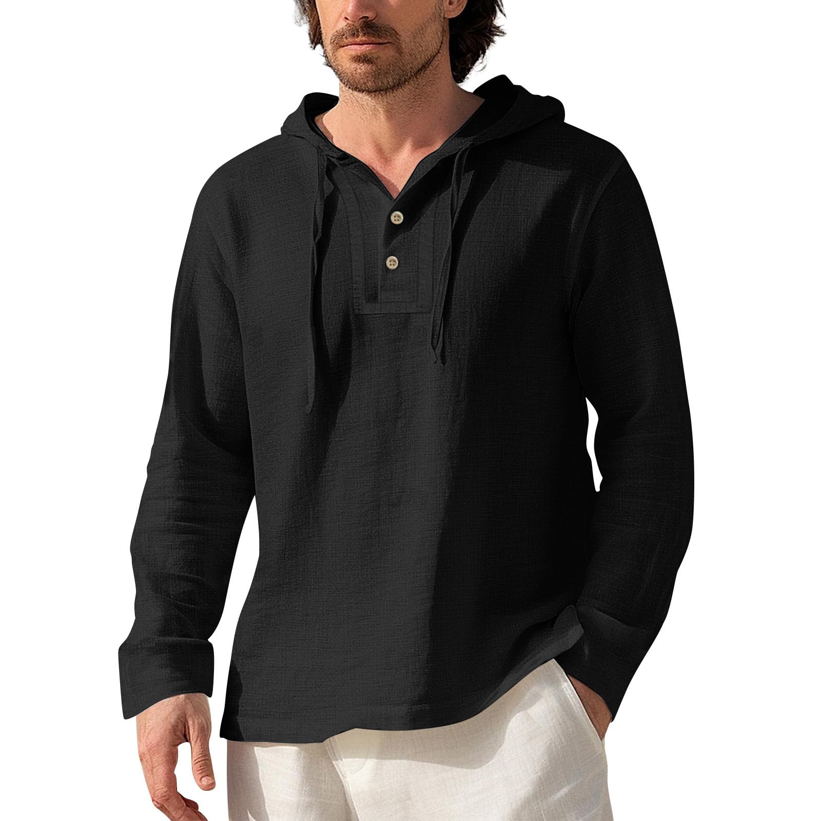 Mens Cotton Linen Hoodies Sun Protection Lightweight Beach Shirt Long Sleeve V Neck Button Down Hooded Shirt