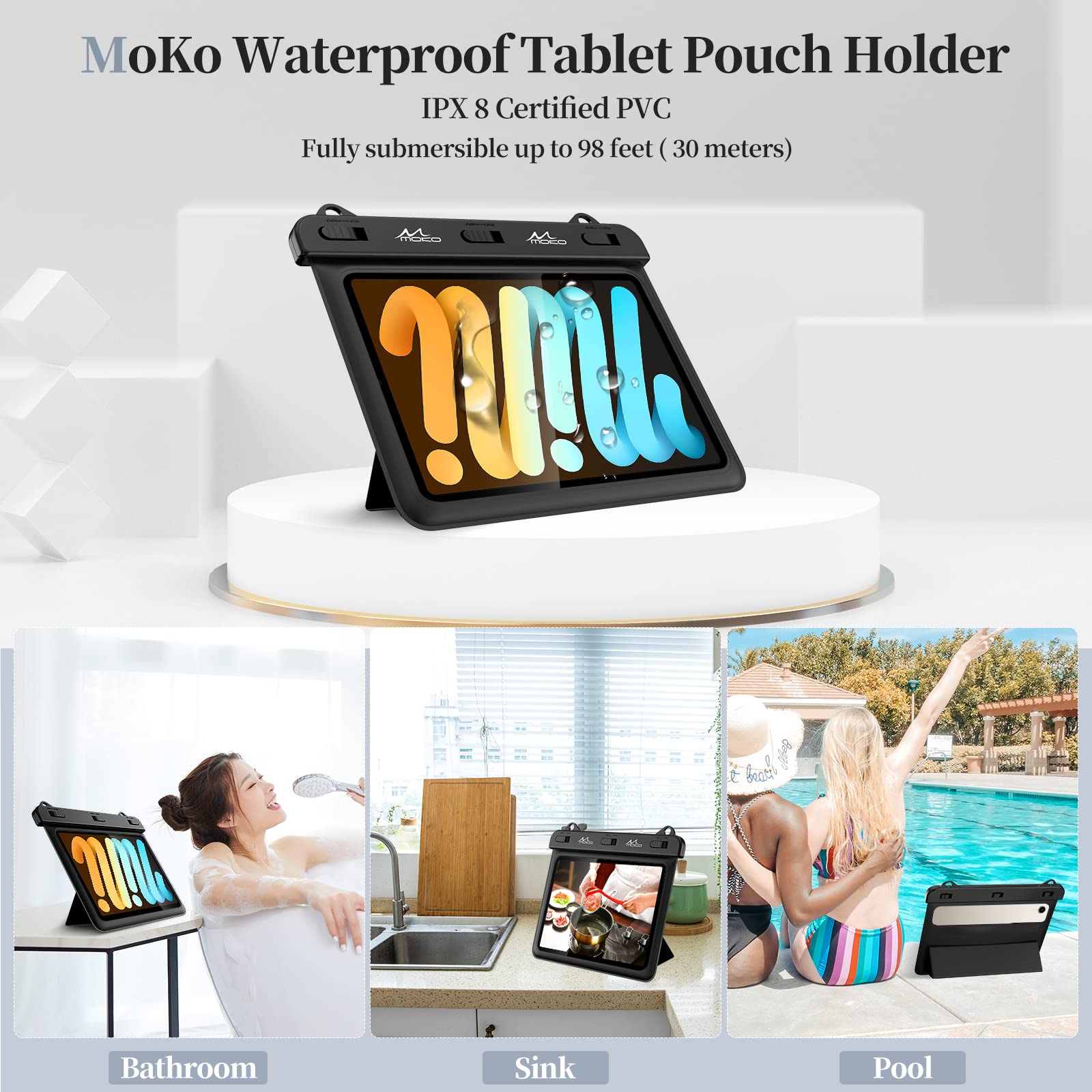 Funda impermeable para tablet compatible con Fire HD 8/Fire 7, iPad Mini 6/5/4/3, Galaxy Tab Pro 8.4, Tab S2/Tab E/Tab A 8.0 8.4 hasta 8.5, bolsa seca con soporte para baño, cocina, color negro 2