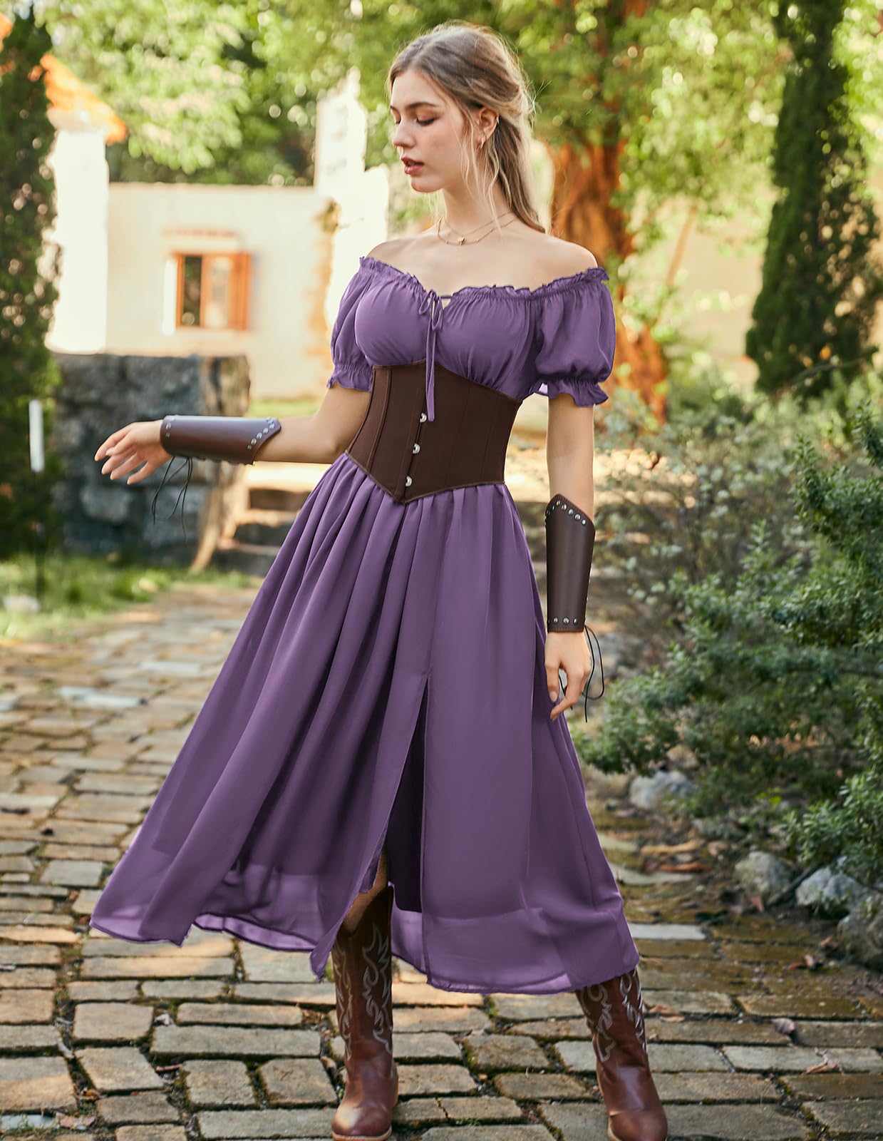 Scarlet Darkness - Abito a corsetto da donna con spalle scoperte, costume rinascimentale, a maniche corte, con tasche