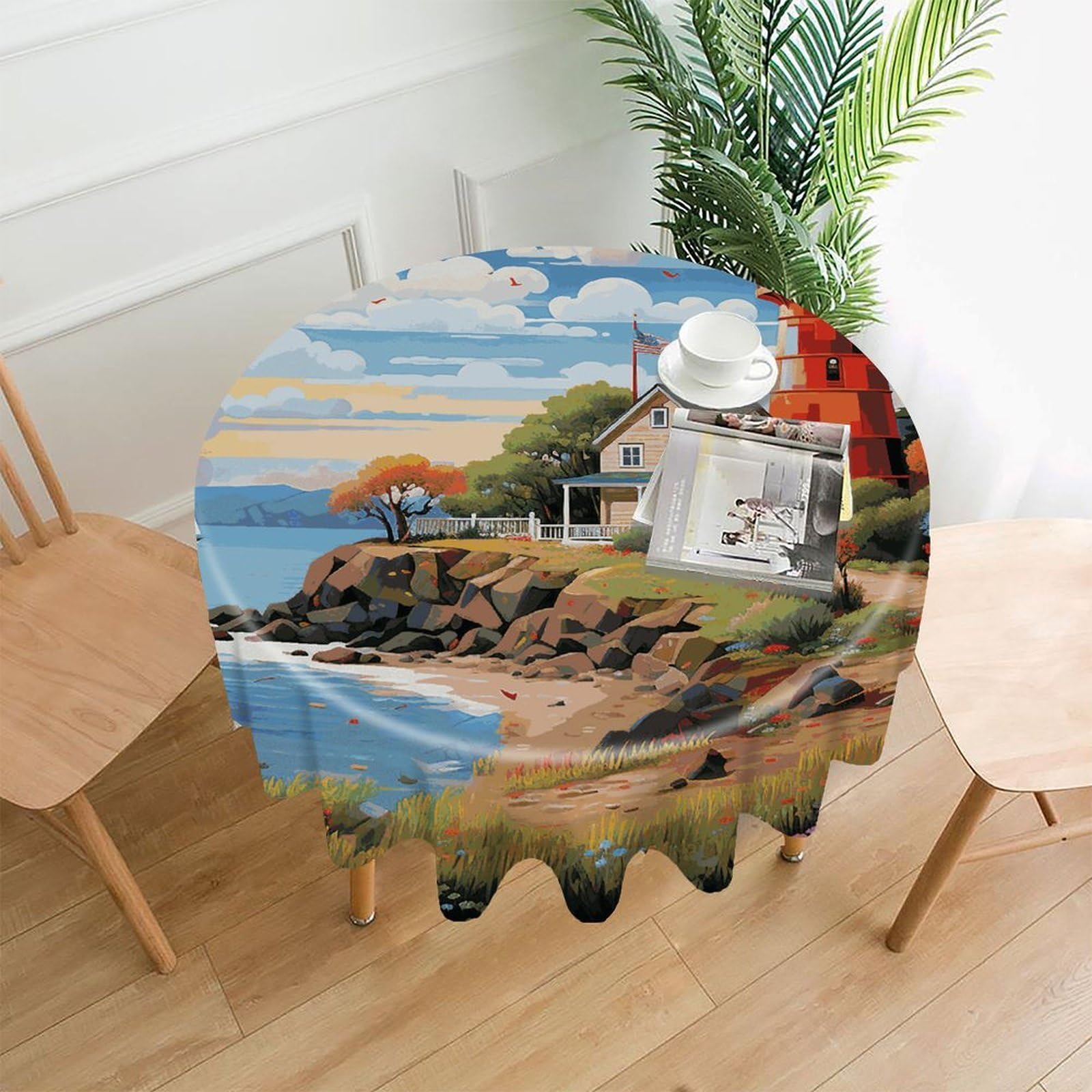 FekiLoot Coastal Lighthouse Tablecloth Decorative Round Table Cloth Wrinkle Resistant Washable Circle Table Cover Round Tablecloth for Picnic Party Camping Dining 60 Inch