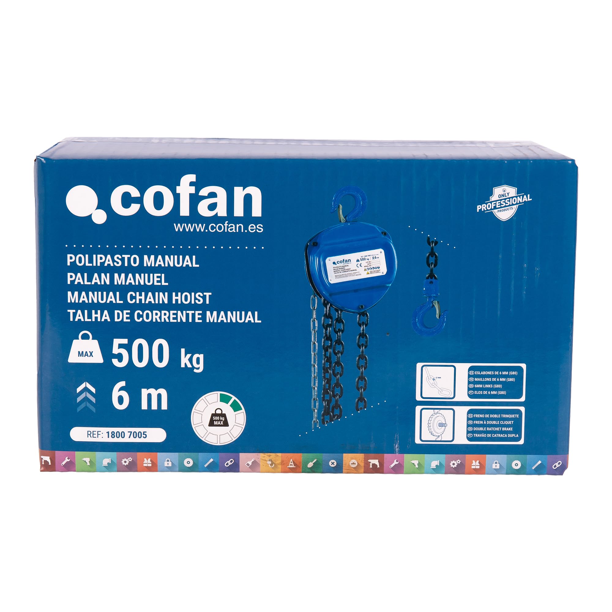 Cofan Palan manuel à chaîne | Hauteur de levage : 6 m | Capacité de charge : 500 kg | Couleur : bleu | Crochet solide (bleu, charge 500 kg)
