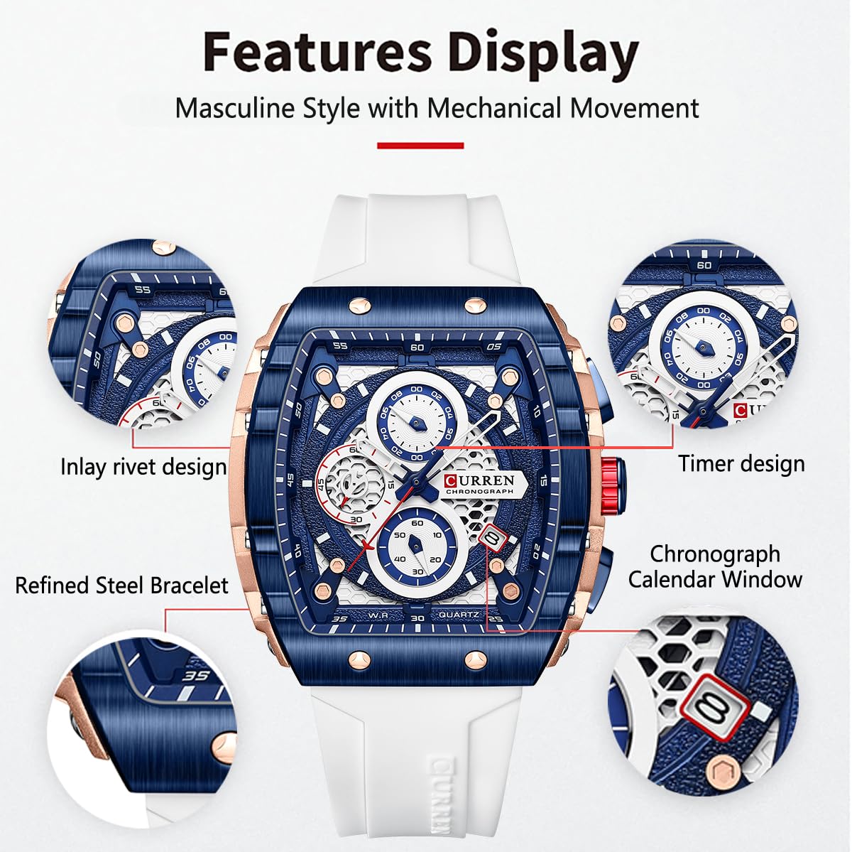 Men's Chronograph Sport Watch Waterproof Military Watches for Men Analog Quartz Wristwatch with Date Display Silicone Strap Outdoor Clock