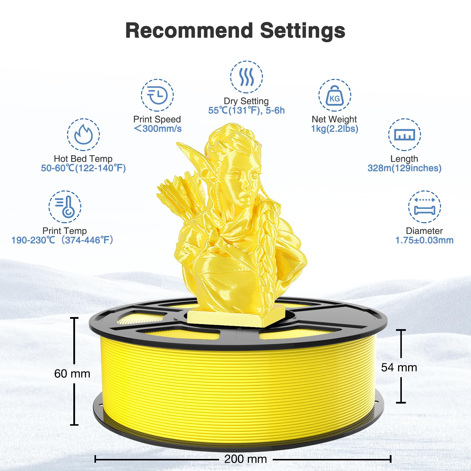 Filamento Pla de seda amarilla de 1,75 mm, 1 kg, precisión dimensional de alta precisión +/- 0,03 mm, materiales de impresión 3D de alta resistencia y sin enredos para la mayoría de