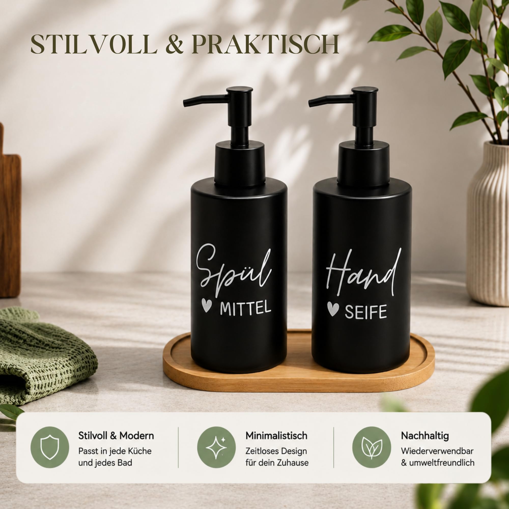 BoBoU 2er Set Glas Seifenspender schwarz matt 320ml Keramik Oberfläche Mattschwarzer Pumpenkopf mit Bambus tablett handgeschriebener Text Spülmittelspender Handseifenspender Küche Bad