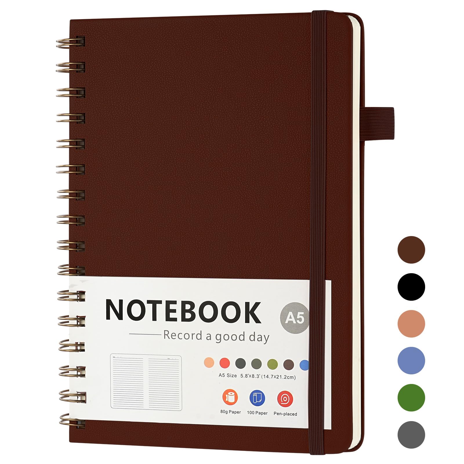 OSDUE A5 Notebook, 200Pages /100 Sheets Wirebound Spiral Notepad, Waterproof Hardcover, PVC Pocket, Lined Journal for Women Men Work Office School, 15.6 x 21.5cm, Brown โ image 1