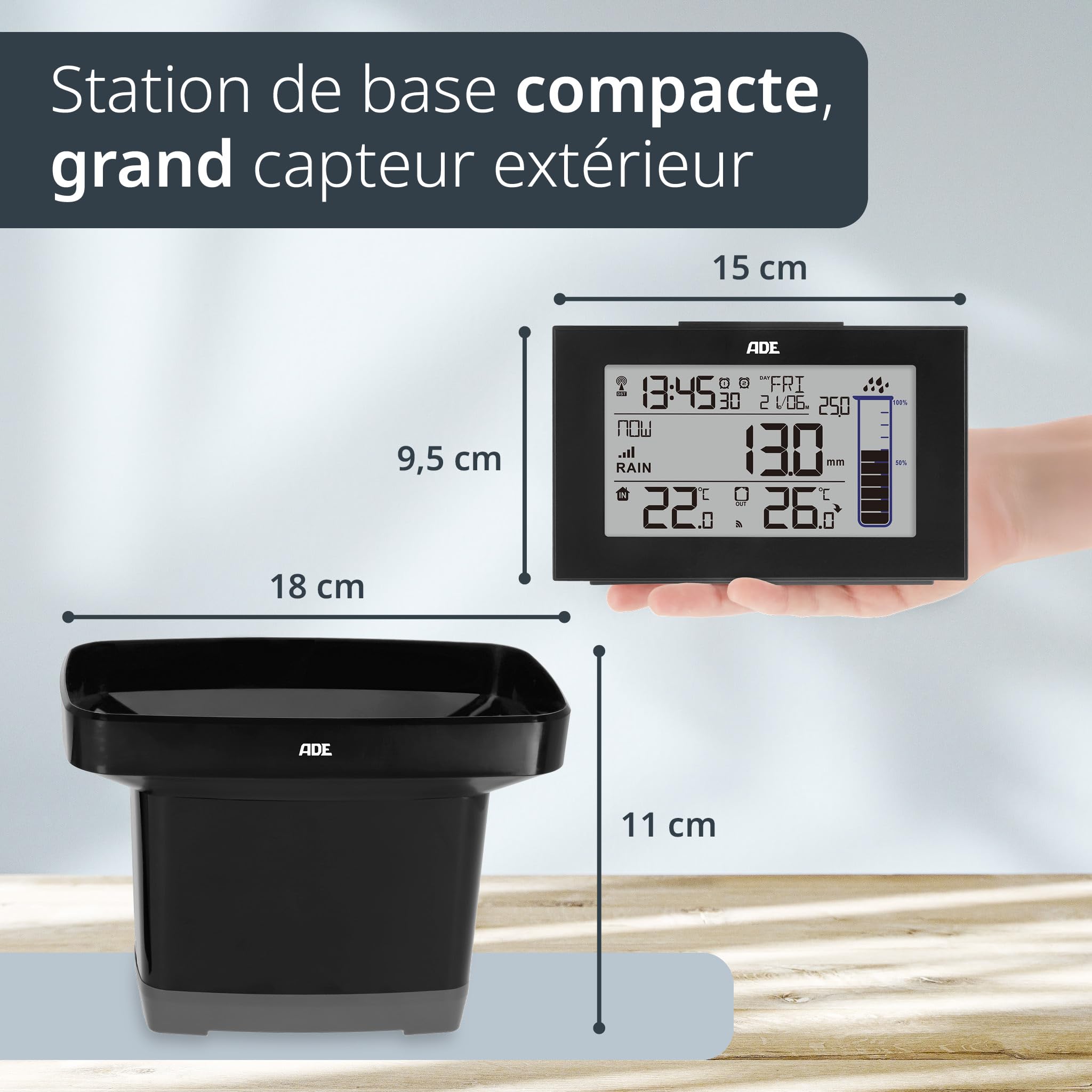 ADE Pluviomètre exterieur jardin | resistant au gel | station météo avec thermomètre interieur et exterieur sans fil | horloge radiopilotée avec 2 heures de reveil | affichage de la date | piles incl.