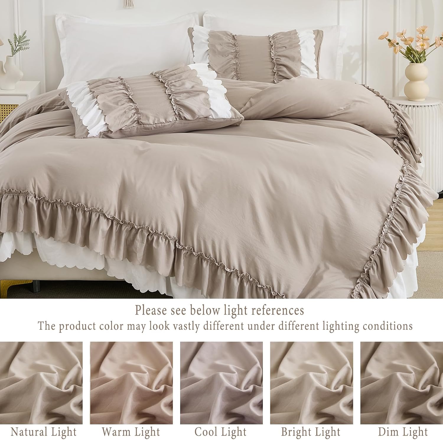 Herside Taupe Ruffle Comforter Set Queen Size,Shabby Chic Boho Bedding Sets, Soft Fluffy Comforters Sets for All Season,Vintage Ruffled 3 Pcs Microfiber Lightweight Quilt Set for Women Girls - Image 5